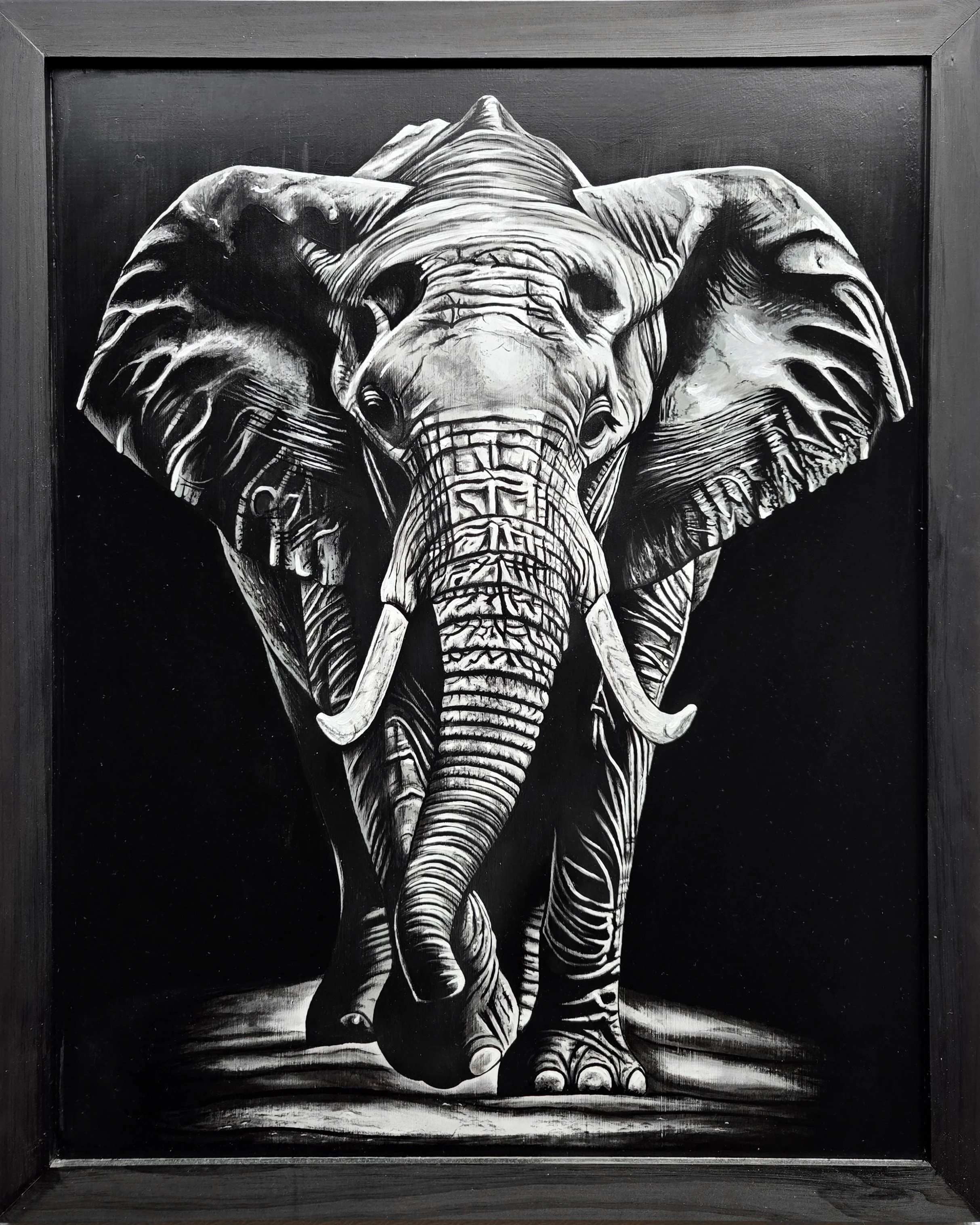 Bull Elephant, fine art painting by Nate Doucette, elephant portrait on birch wood, 33 x 27 inches