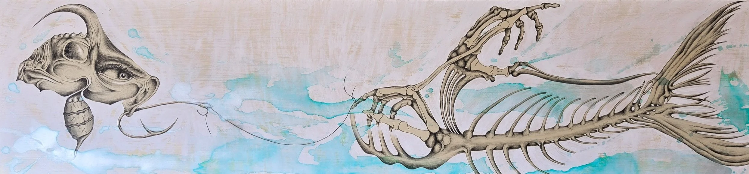 Catch Me if You Can, fine art painting by Nate Doucette, Surreal Ocean Series, fish skeleton with fishing hook, 11 x 44 inches