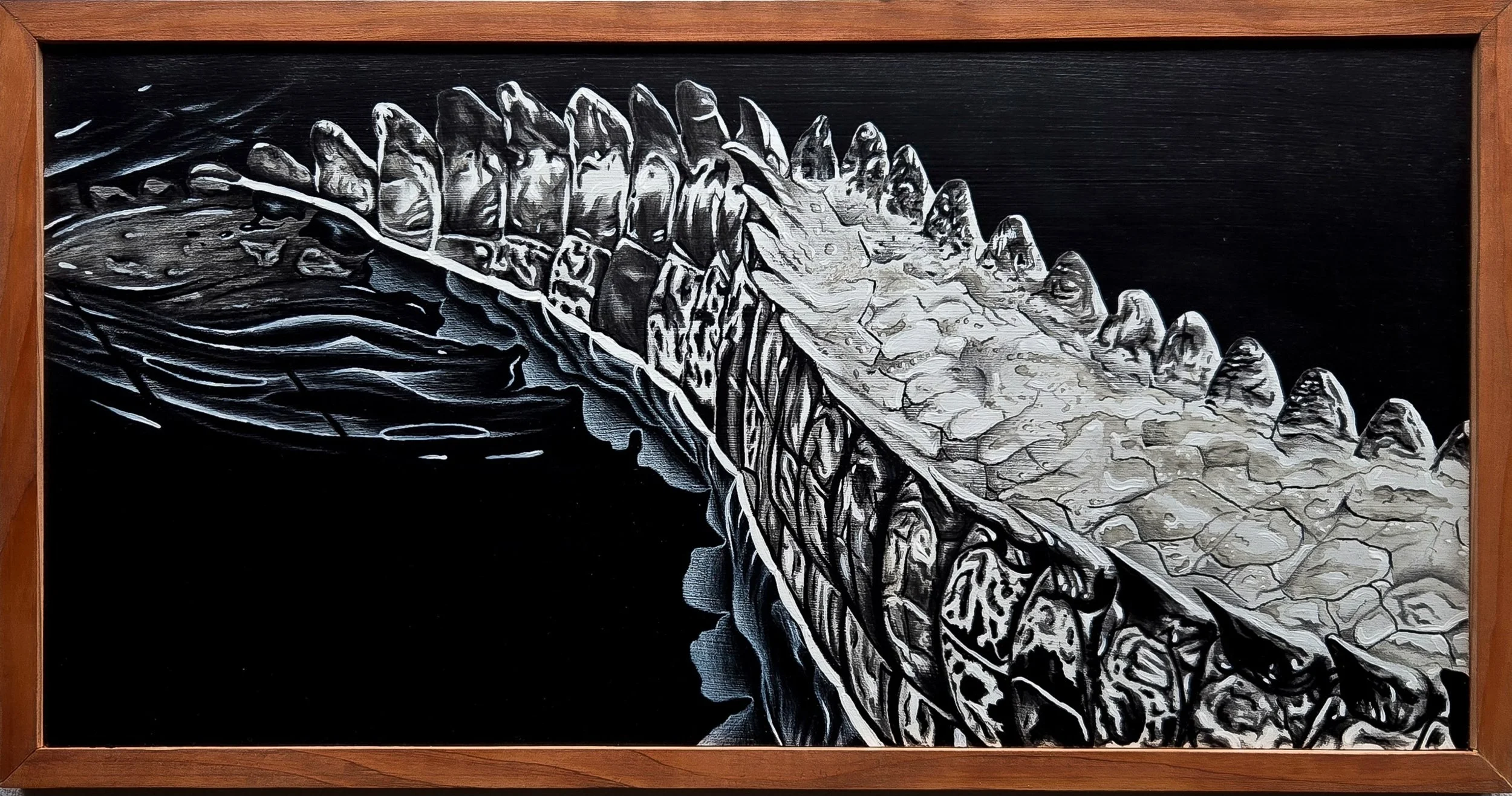 Crocodile II, fine art painting by Nate Doucette, crocodile tail detail on birch wood, 13 x 25 inches