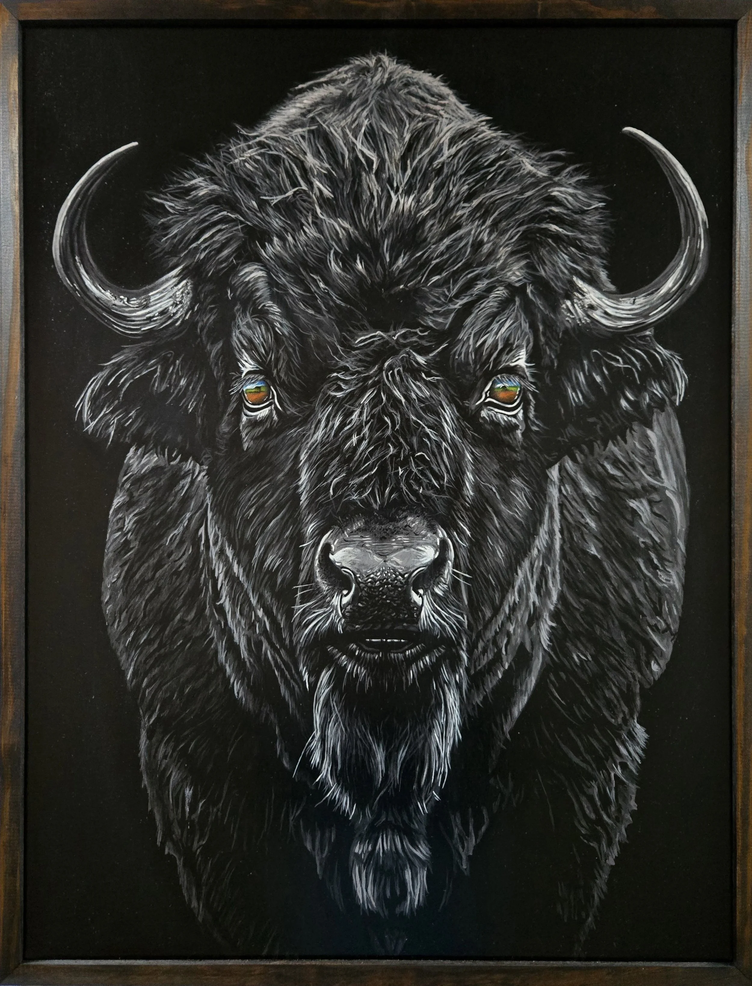 Bison, fine art painting by Nate Doucette, bison portrait on birch wood, 33 x 25 inches