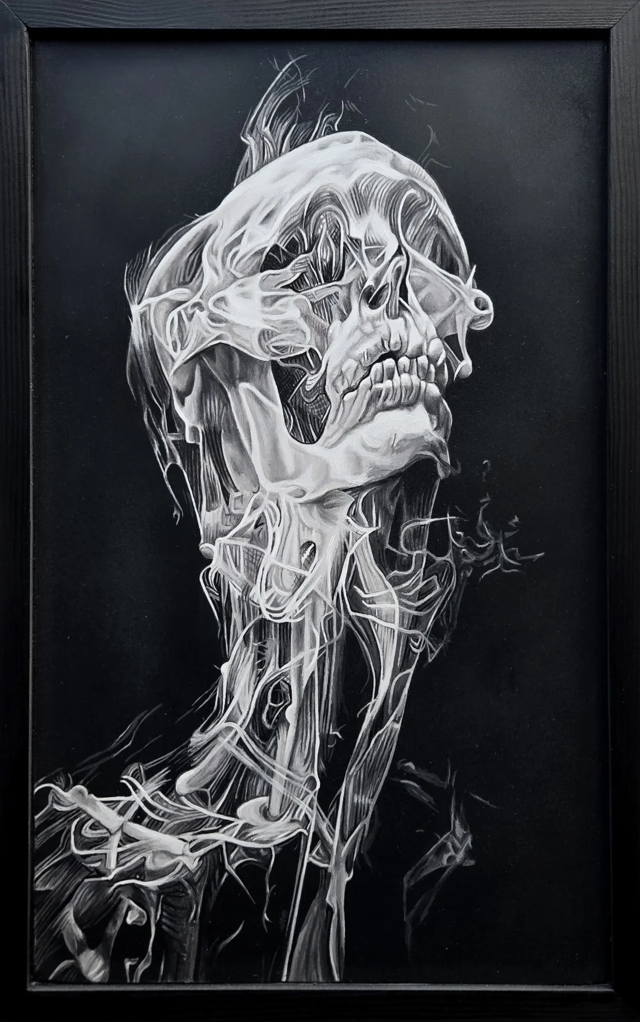 Veins of Vapor I, first in a three-part series, skull and neck anatomy fine art painting by Nate Doucette, 22 x 14 inches