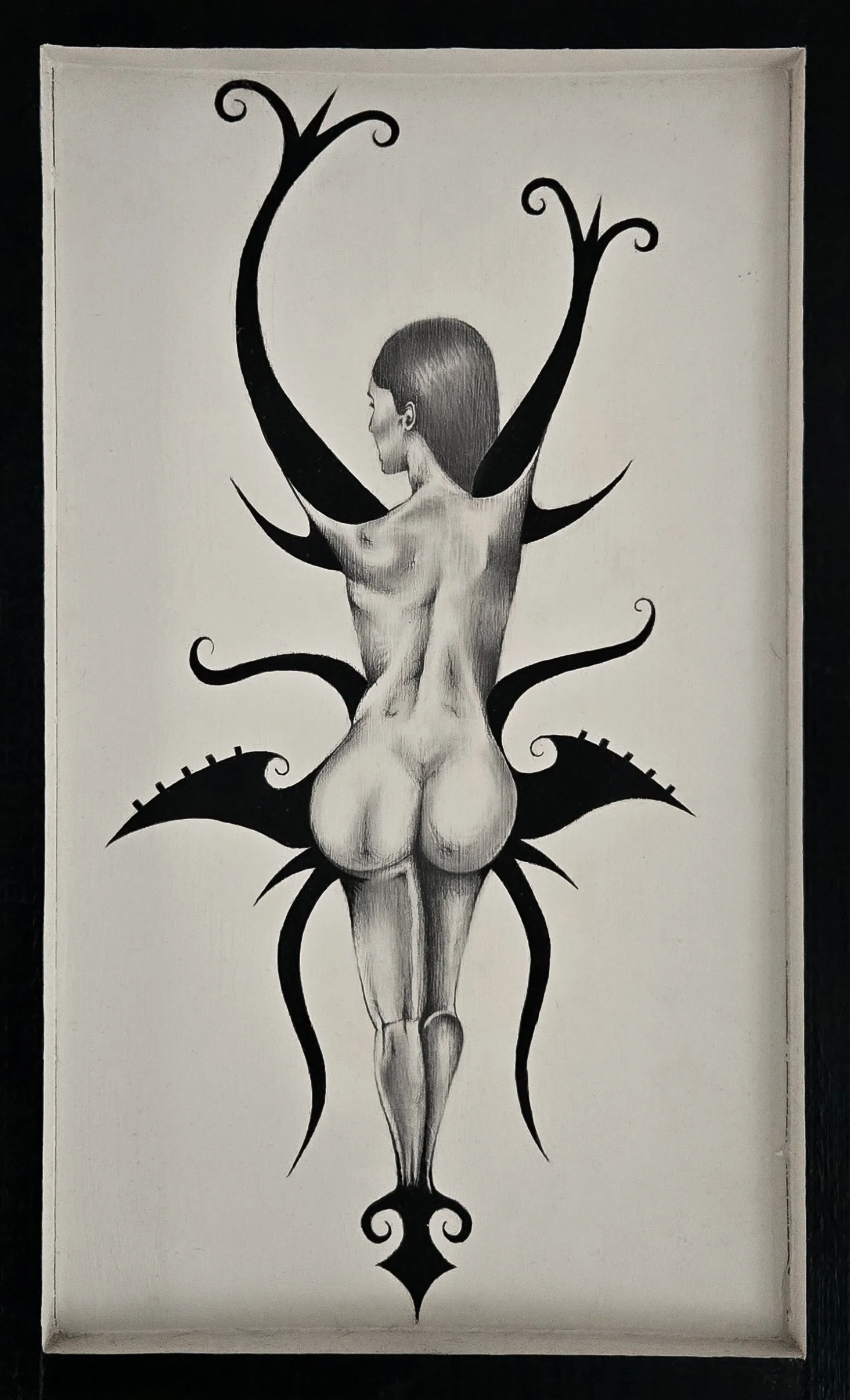 Fine art painting by Nate Doucette, Borneo Inspired Pinups series, standing figure with tribal-inspired graphic design, 21 x 13 inches