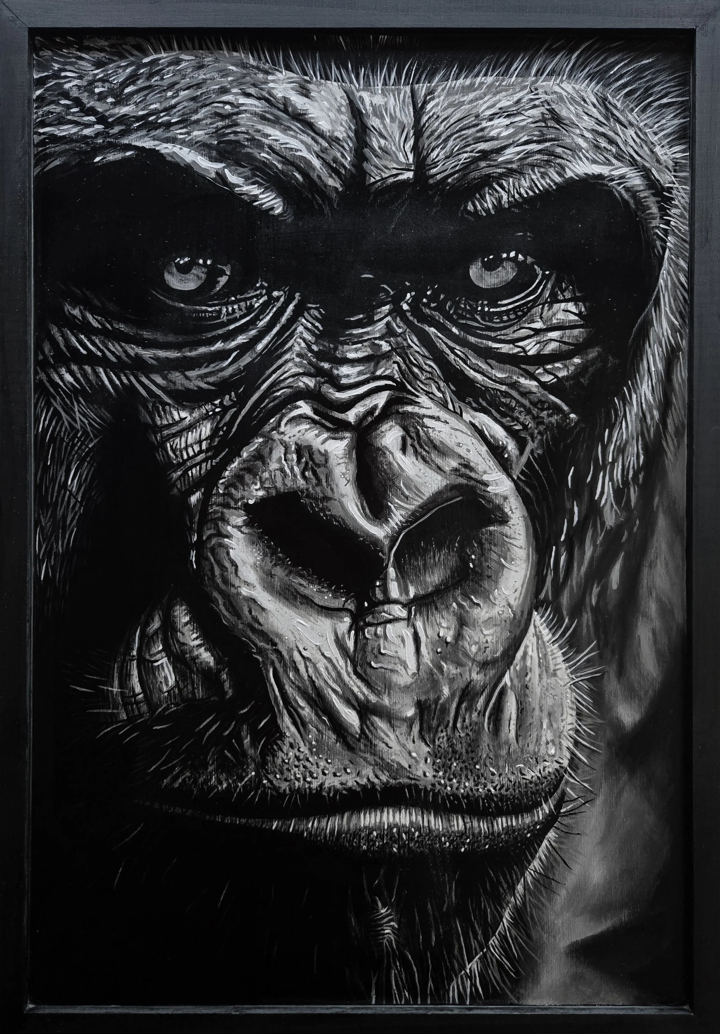 Gorilla, fine art painting by Nate Doucette, gorilla portrait on birch wood, 25 x 18 inches