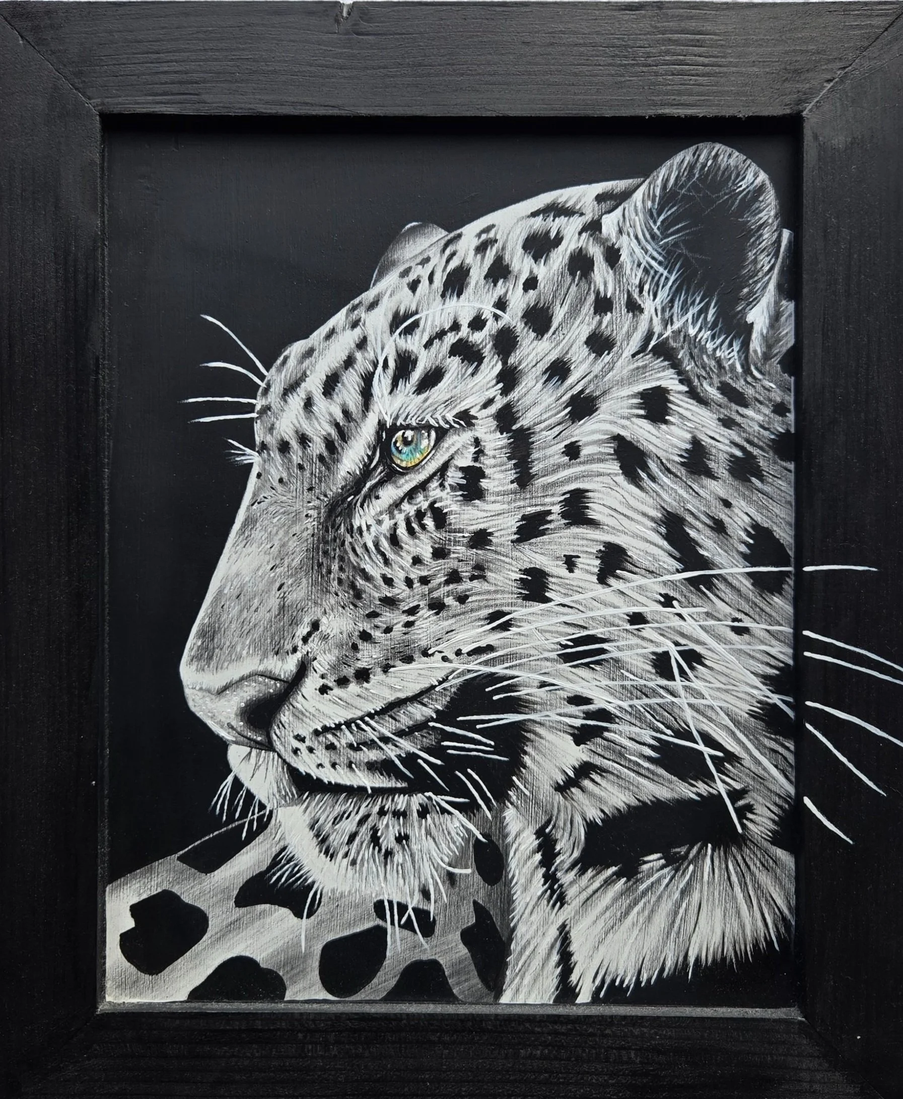 Leopard, fine art painting by Nate Doucette, leopard portrait on birch wood, 15 x 12 inches