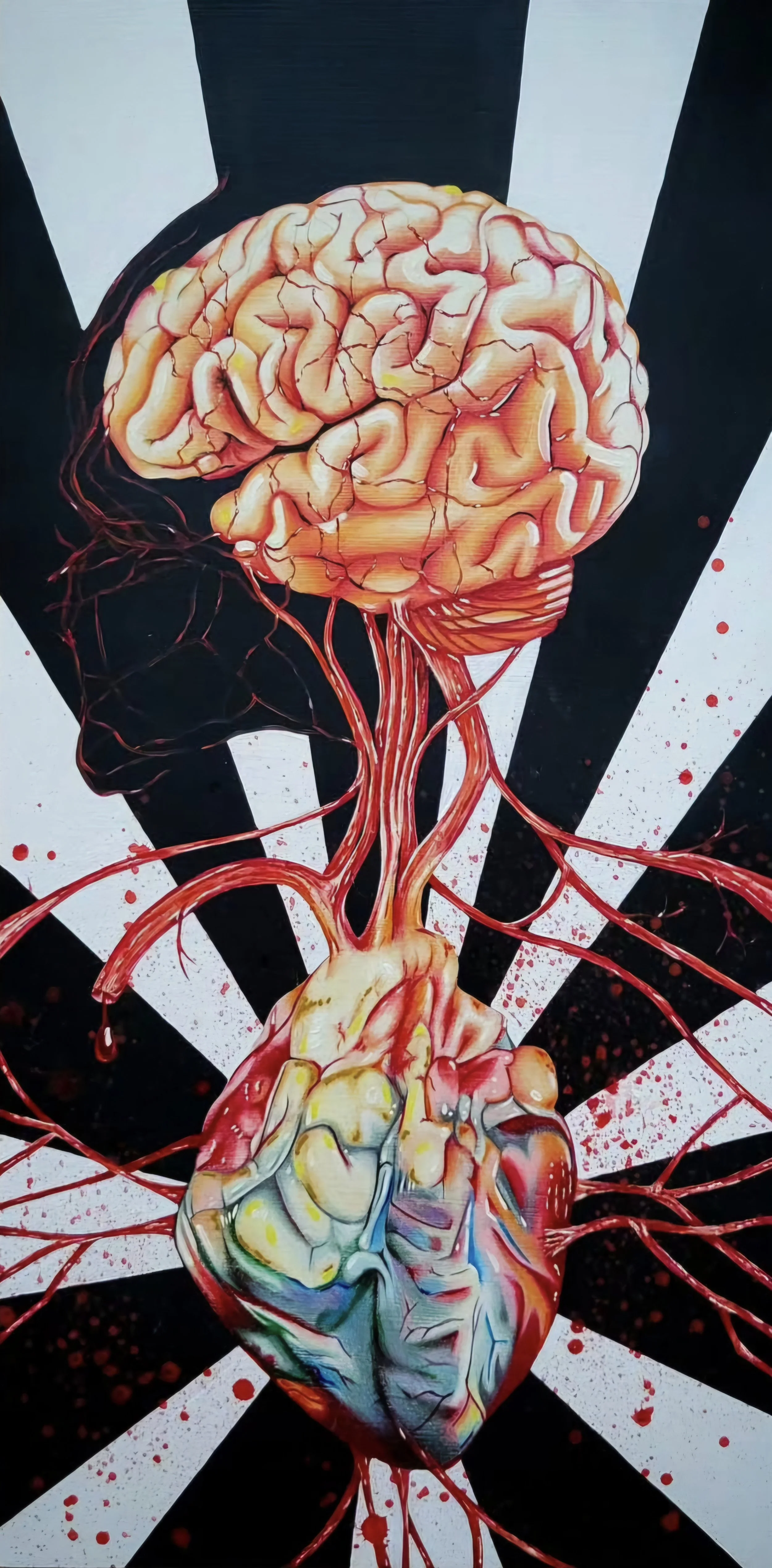 Fine art painting by Nate Doucette, Surreal Anatomy series, brain and heart connected by blood vessels, 24 x 12 inches
