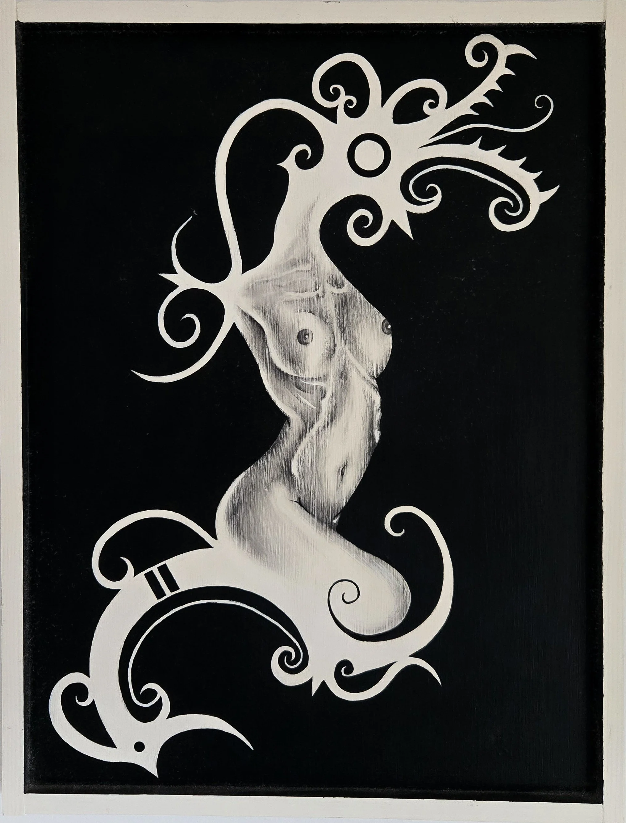 Fine art painting by Nate Doucette, Borneo Inspired Pinups series, figure study with tribal-inspired graphic design on black background, 26 x 20 inches