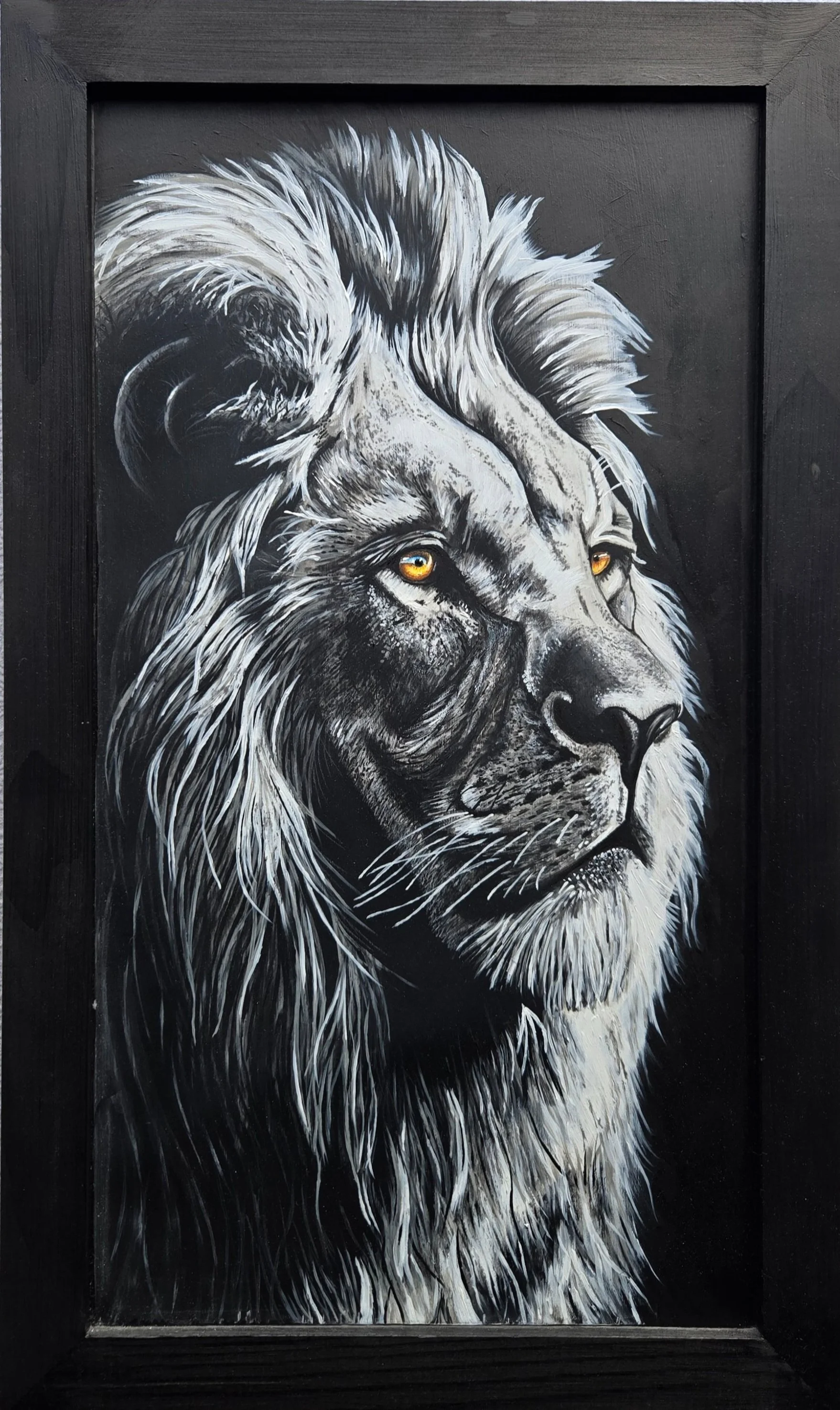 Lion, fine art painting by Nate Doucette, lion portrait on birch wood, 25 x 15 inches