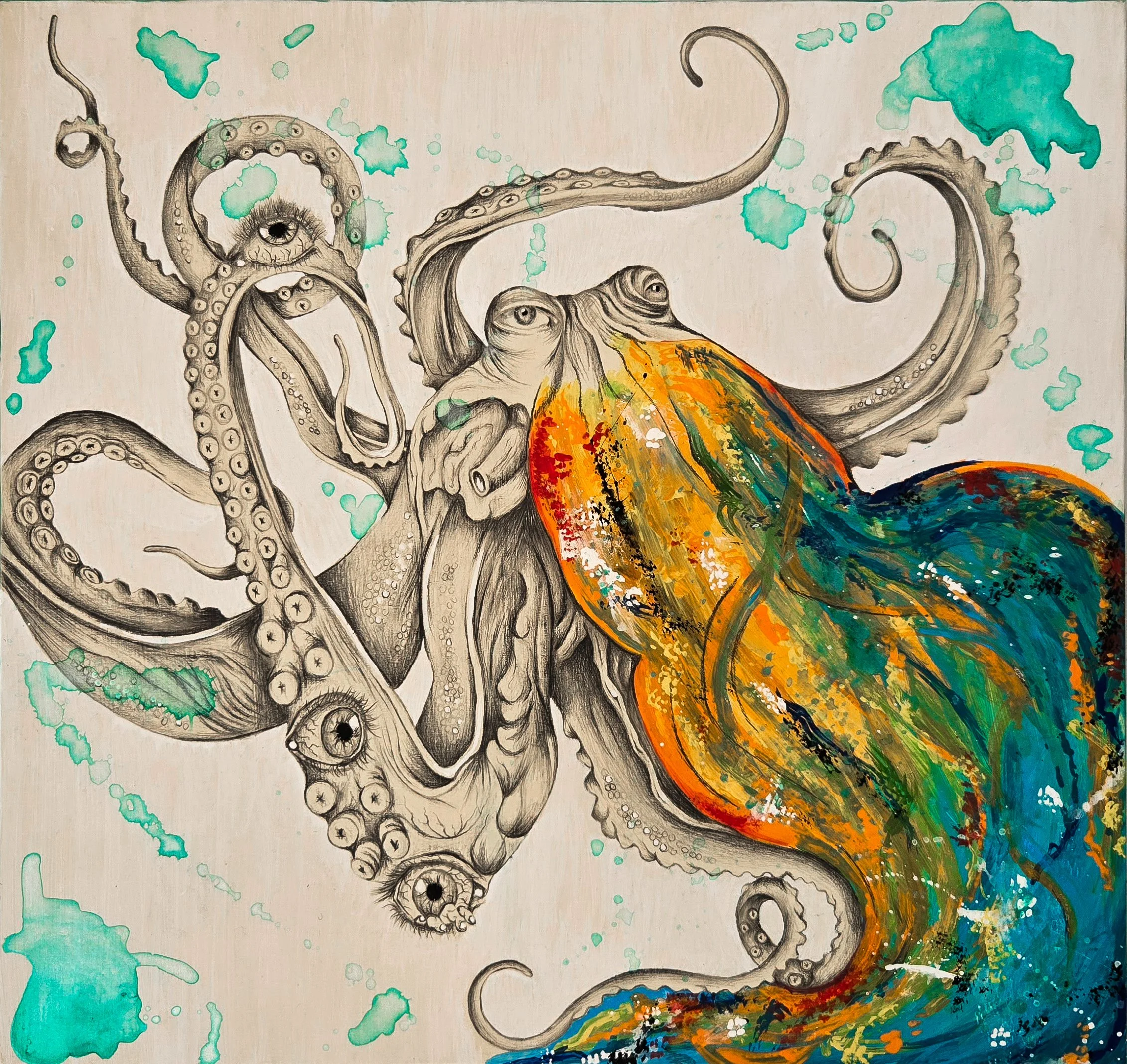 Omnipotent Octo, fine art painting by Nate Doucette, Surreal Ocean Series, octopus in graphite and vibrant color, 14 x 14 inches