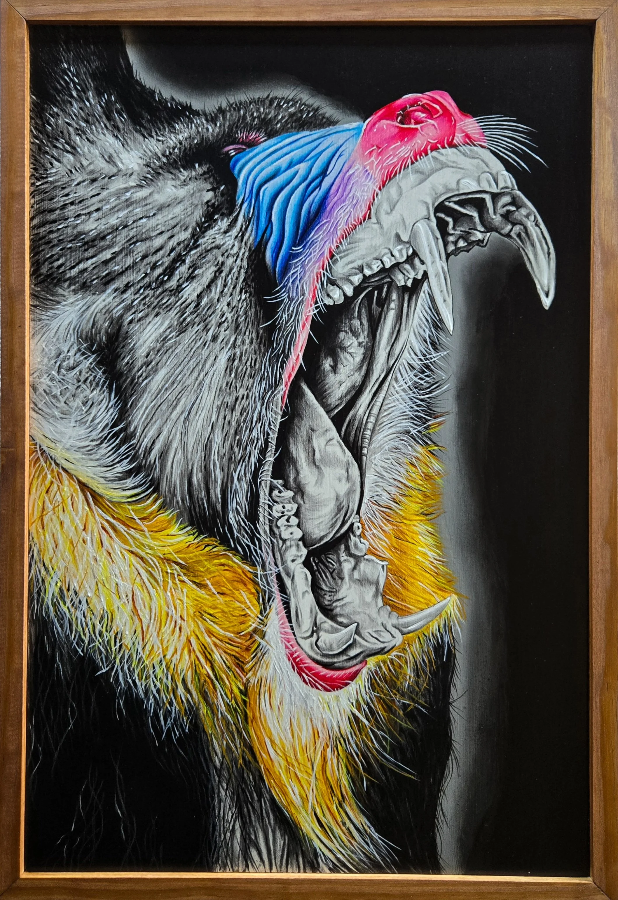 Mandrill II, fine art painting by Nate Doucette, mandrill portrait on birch wood, 25 x 17 inches