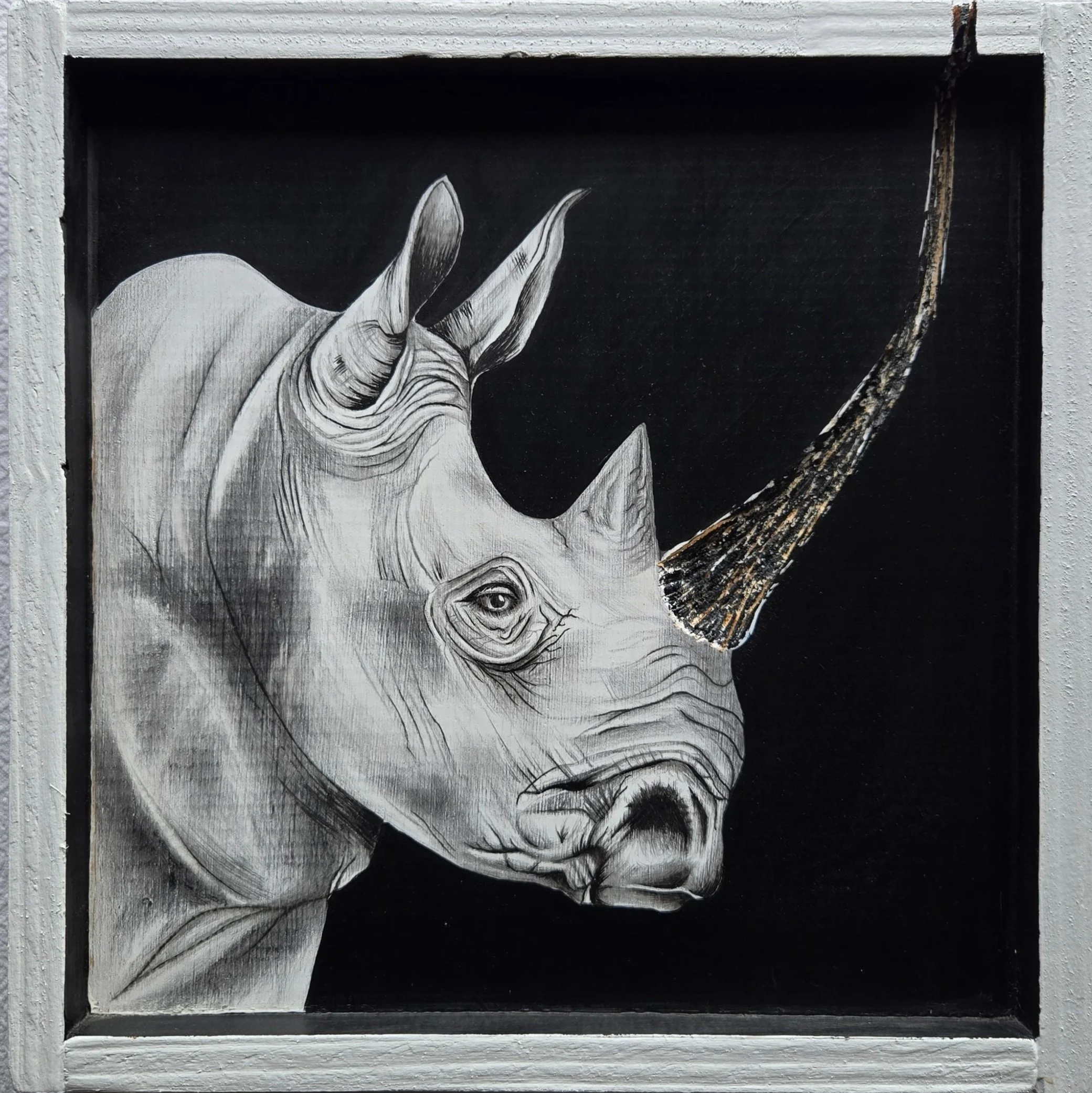Protecting Rhinos, fine art painting by Nate Doucette, rhino portrait with detailed horn on birch wood, 12 x 12 inches