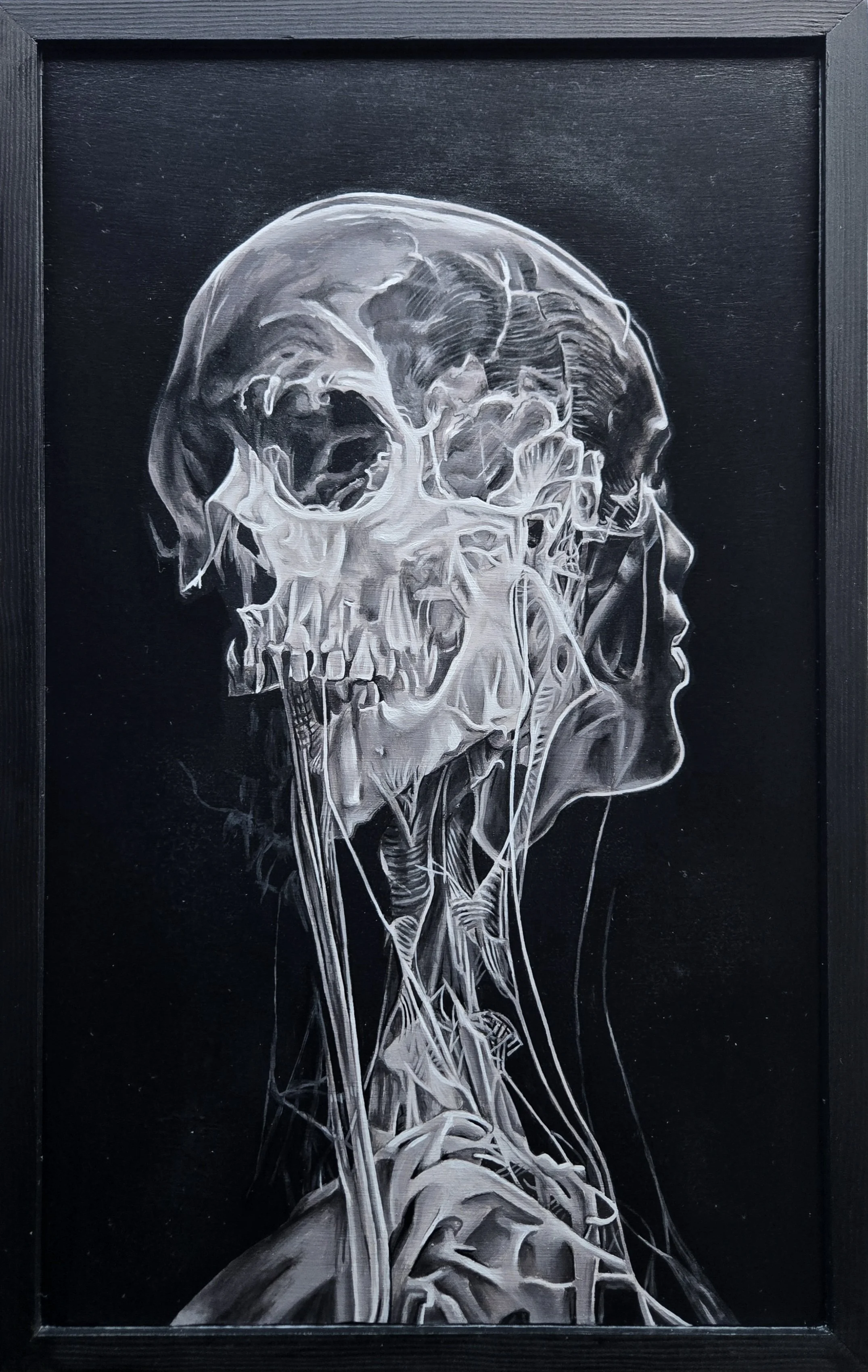 Veins of Vapor III, third in a three-part series, skull and neck anatomy fine art painting by Nate Doucette, 22 x 14 inches