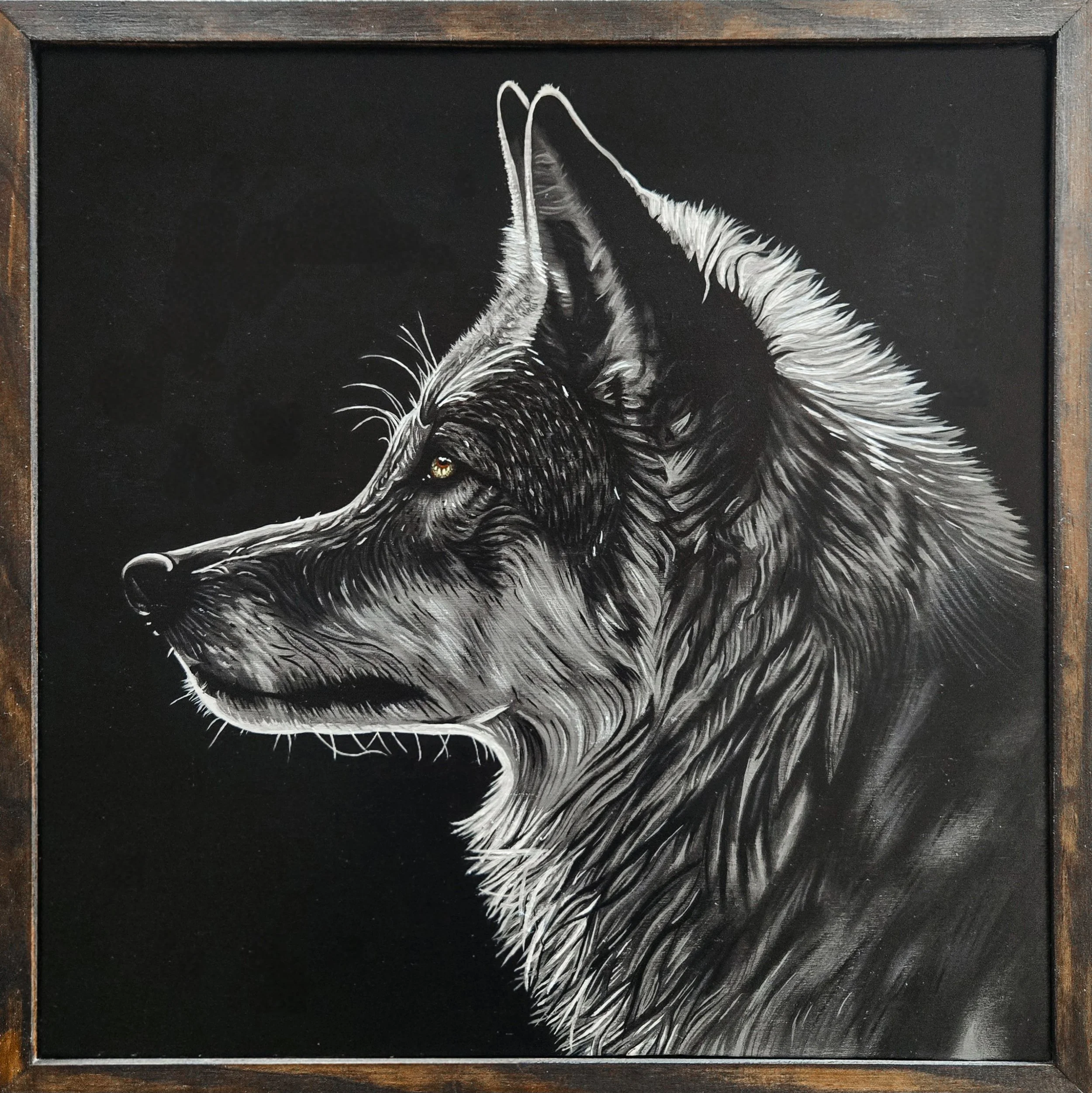Wolf, fine art painting by Nate Doucette, wolf portrait on birch wood, 26 x 26 inches