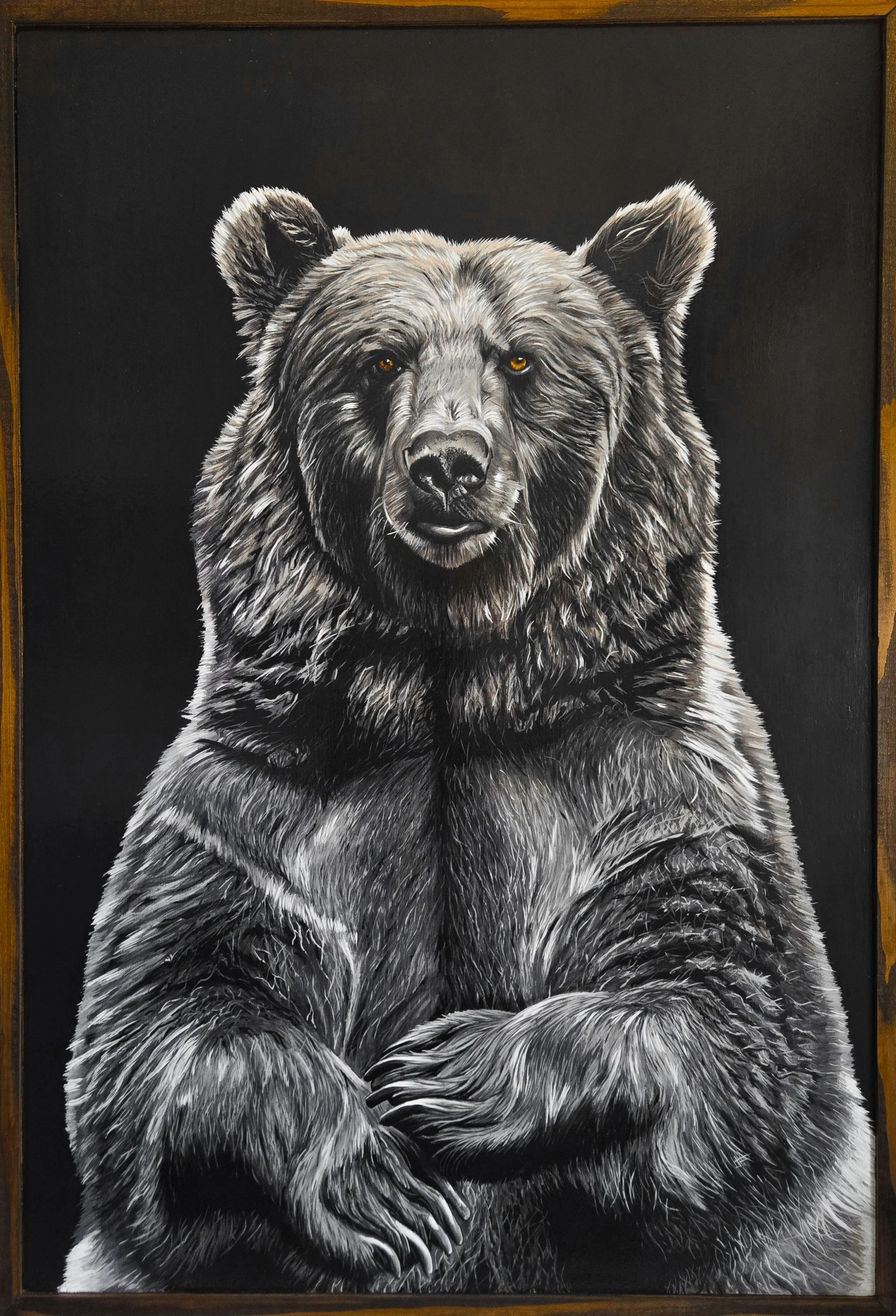 Grizzly, fine art painting by Nate Doucette, grizzly bear portrait on birch wood, 37 x 26 inches