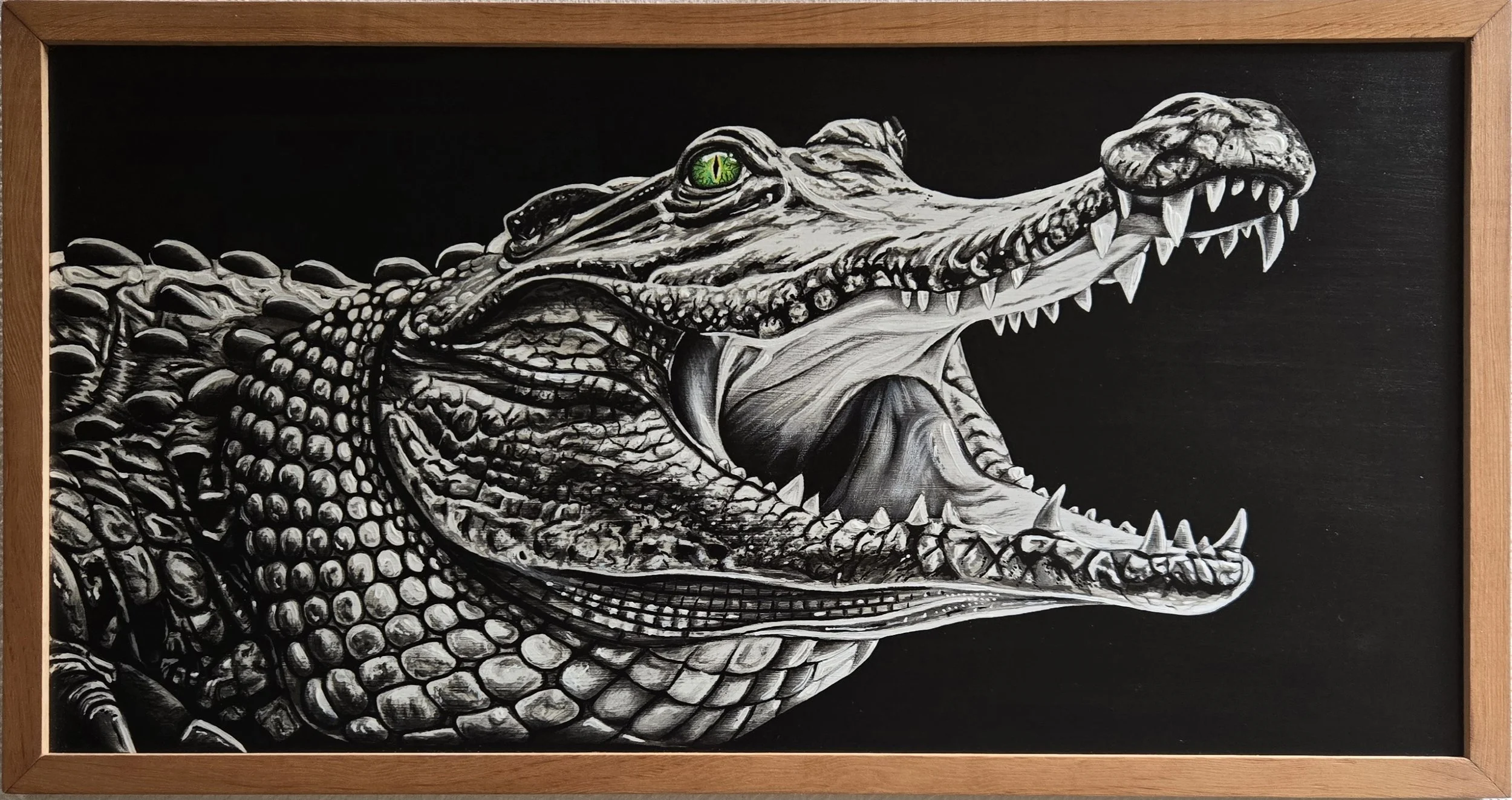 Crocodile I, fine art painting by Nate Doucette, crocodile head portrait on birch wood, 13 x 25 inches