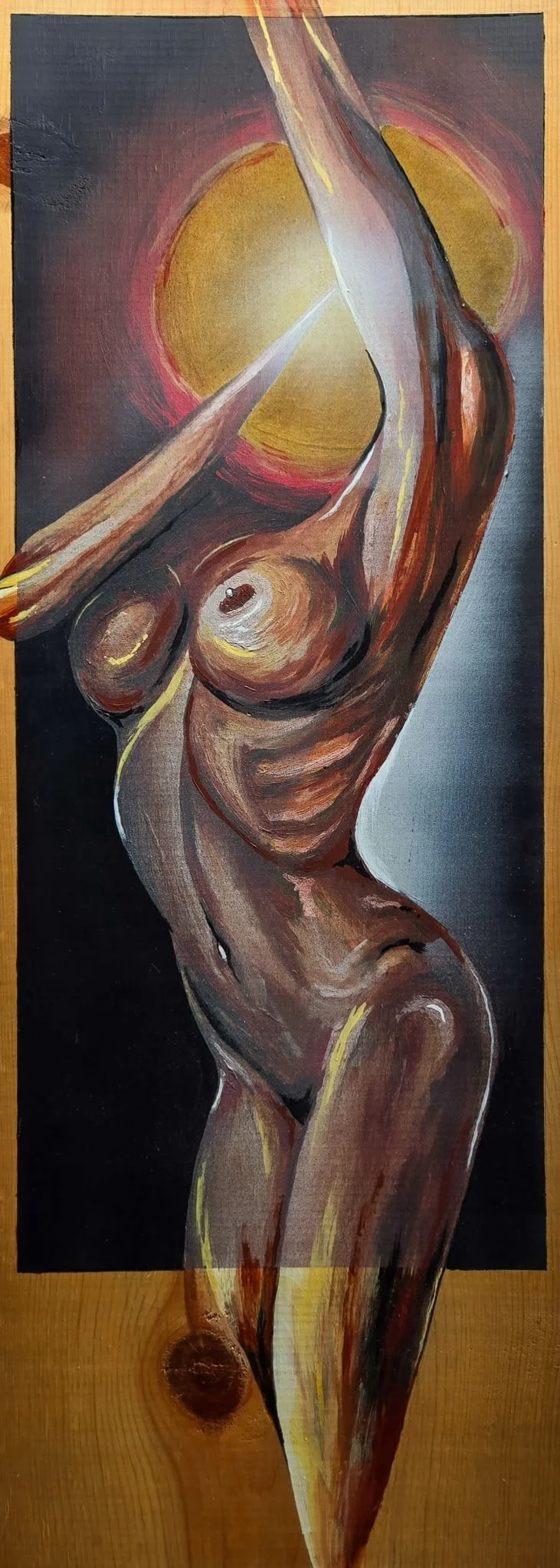 Fine art painting by Nate Doucette, Surreal Anatomy series, figure study with sun motif on birch wood, 32 x 11 inches