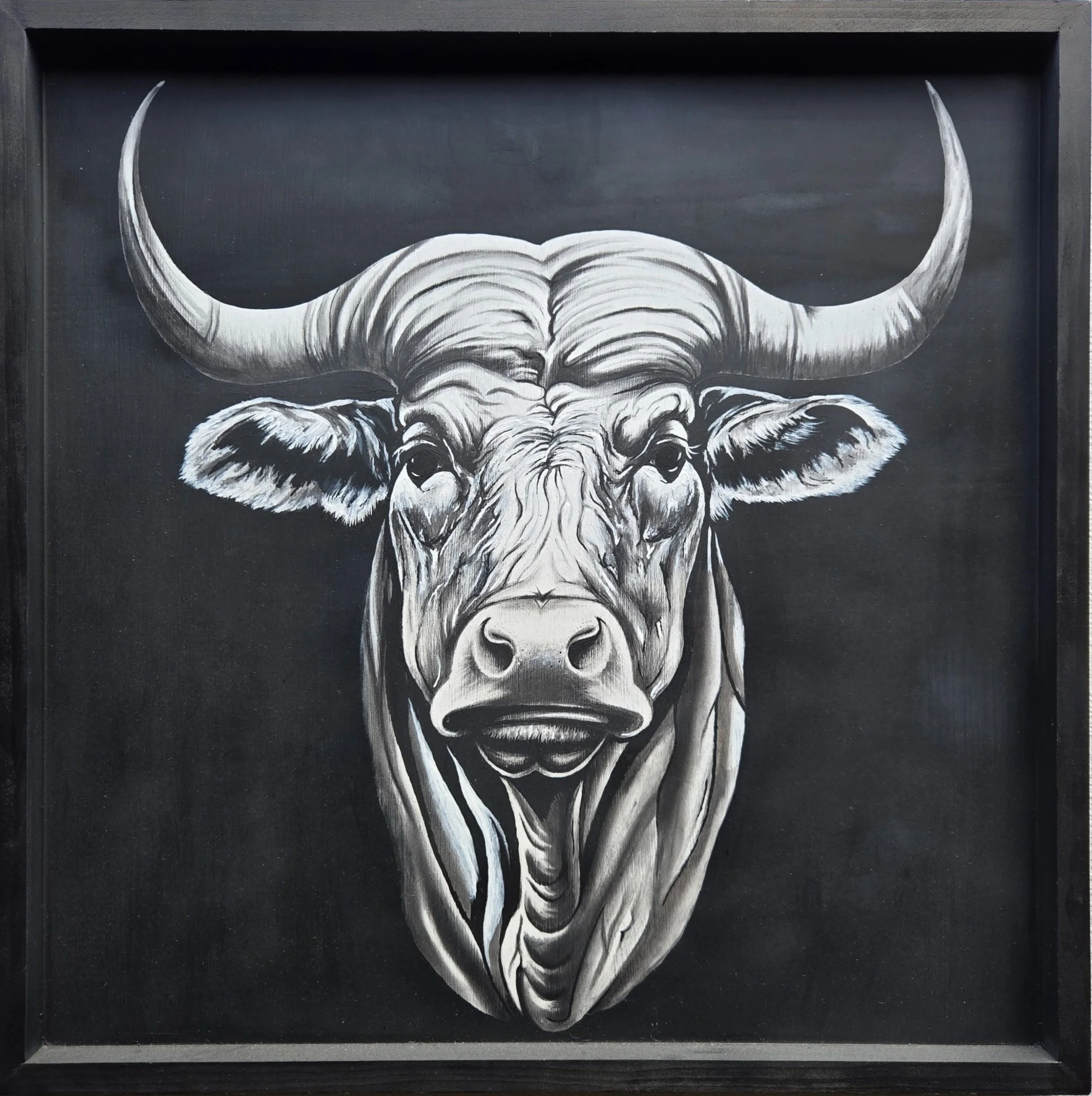 Water Buffalo, fine art painting by Nate Doucette, water buffalo portrait on birch wood, 25 x 25 inches