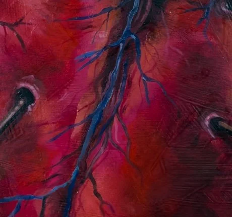 Close-up of a painting featuring a network of blue blood vessels on a red background.