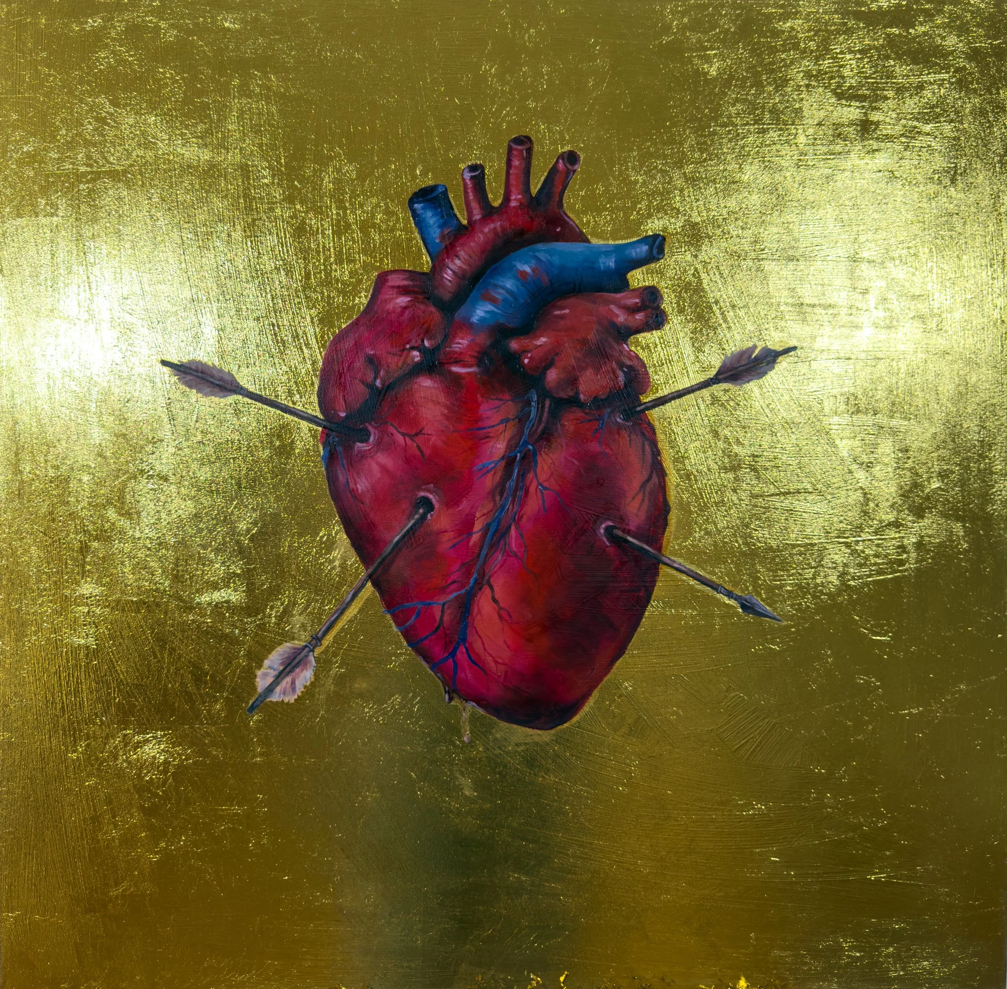 A realistic painted illustration of a human heart with four arrows piercing it, set against a textured gold background.