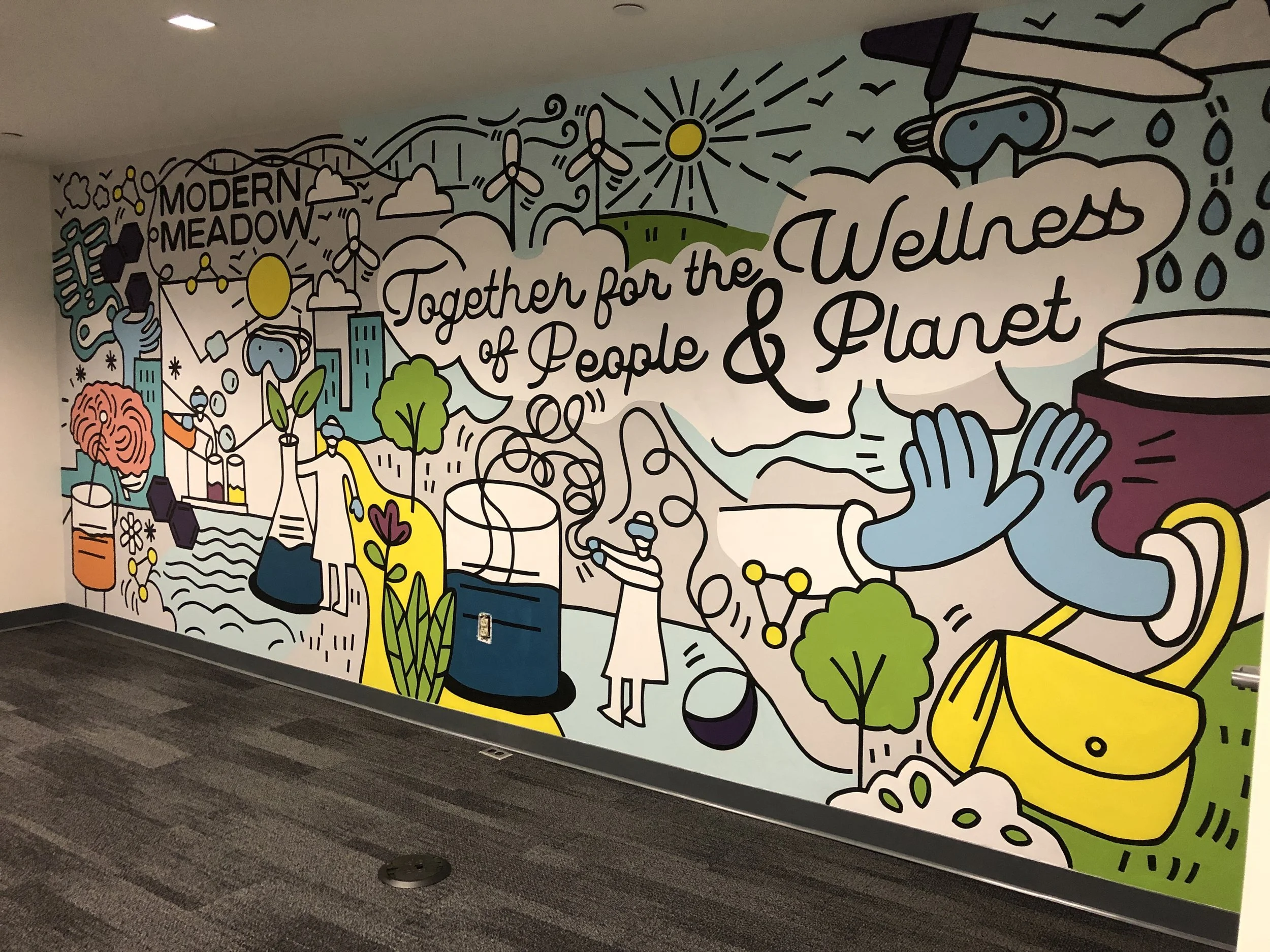 Colorful mural with illustrations of renewable energy, nature, and sustainability themes, with the text 'Together for the Wellness of People & Planet.'