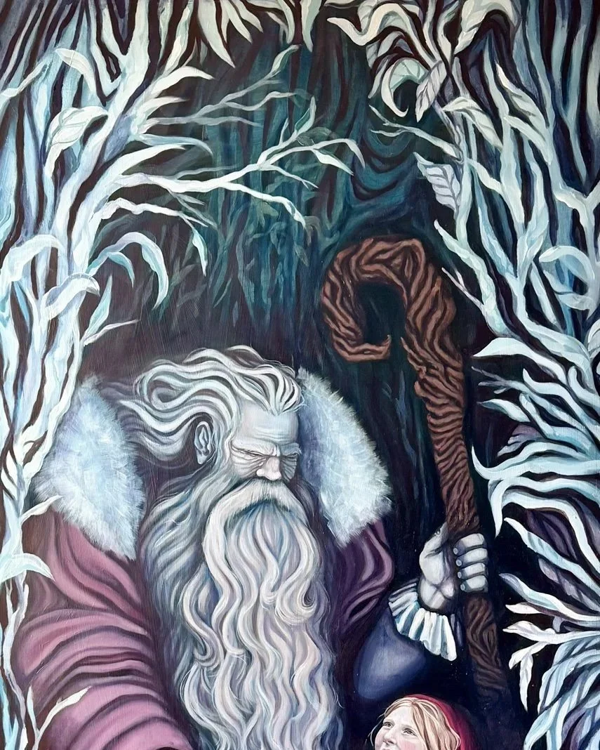 Close-up of a painting featuring a network of blue blood vessels on a red background.