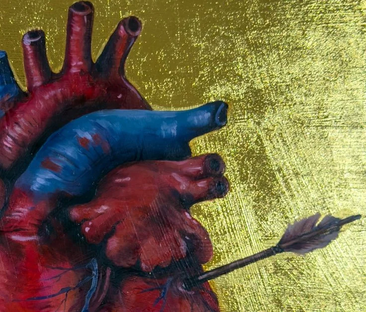 An artistic representation of a human heart with realistic details, painted with shades of red, blue, and black, set against a sparkling gold background.