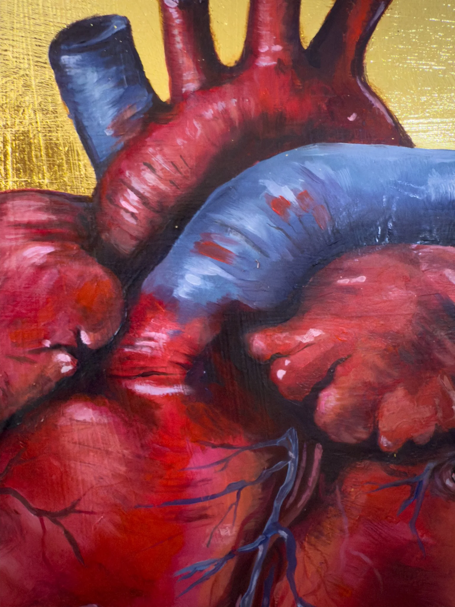 Painting of a human heart with red, blue, and gold colors, showing anatomical details and blood vessels.