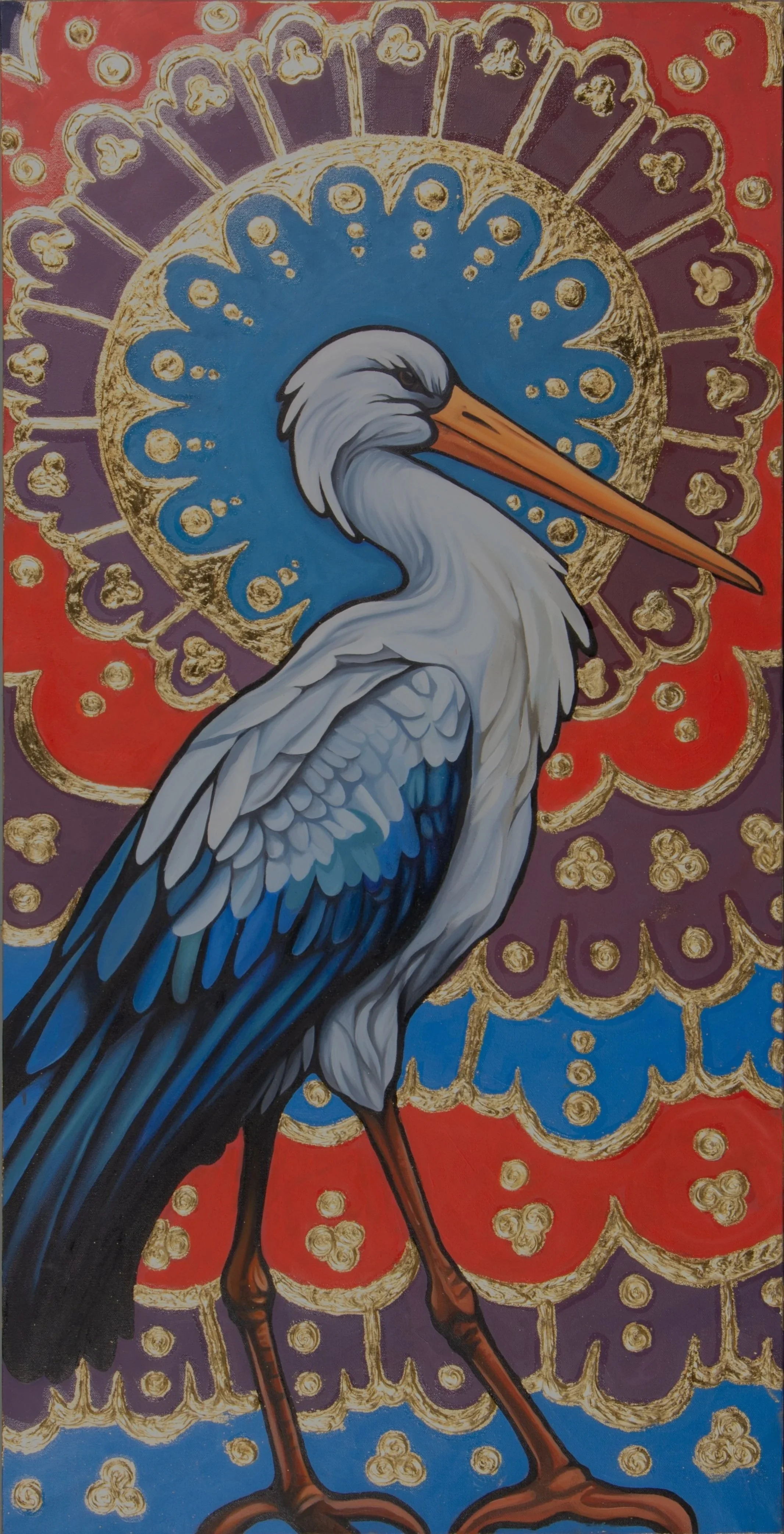 Painting of a heron with a colorful background featuring gold embellishments and elaborate patterns.