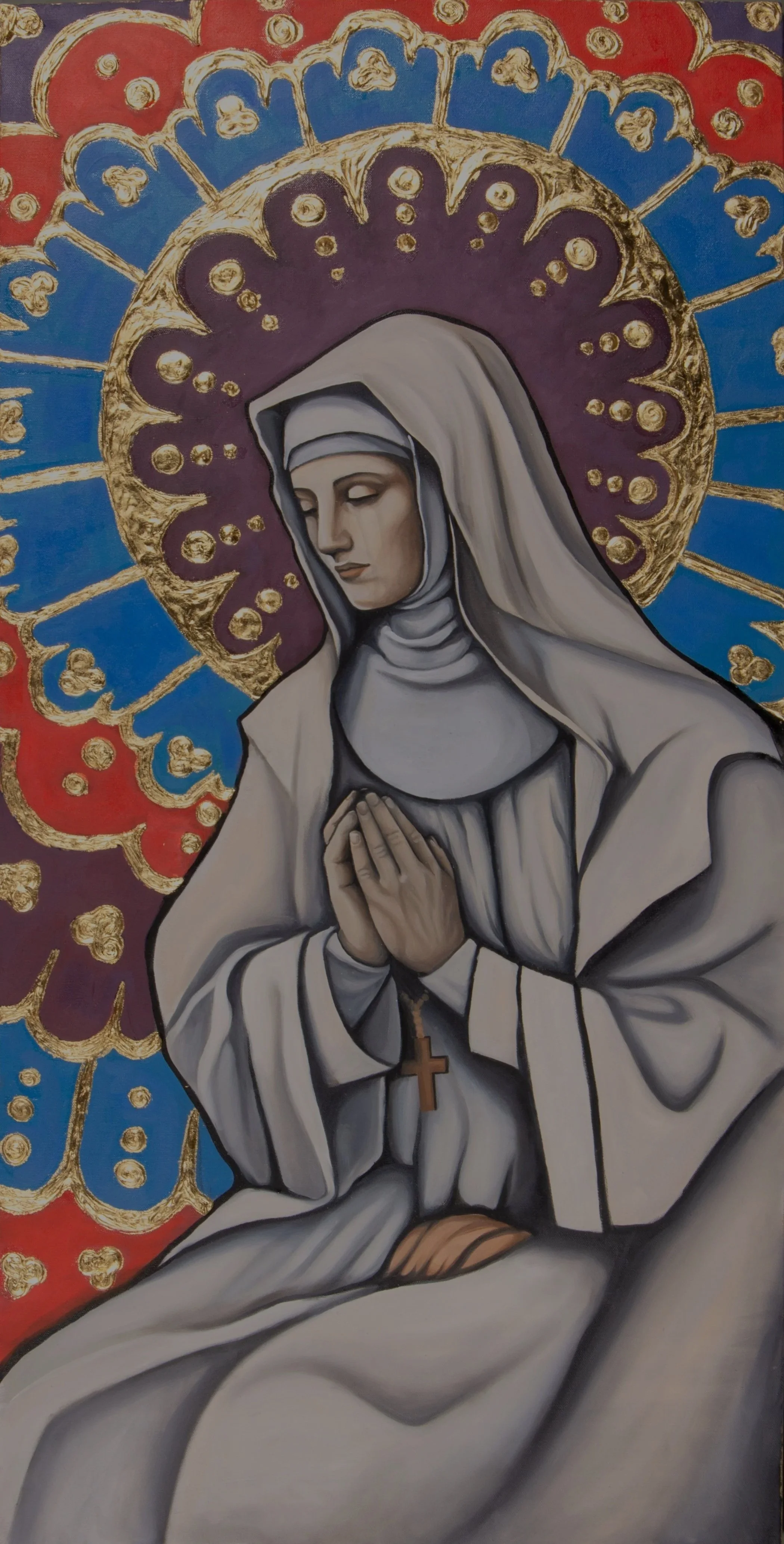 A painting of a praying nun with a cross necklace, closed eyes, and hands in prayer, featuring a gold and multicolored halo background.