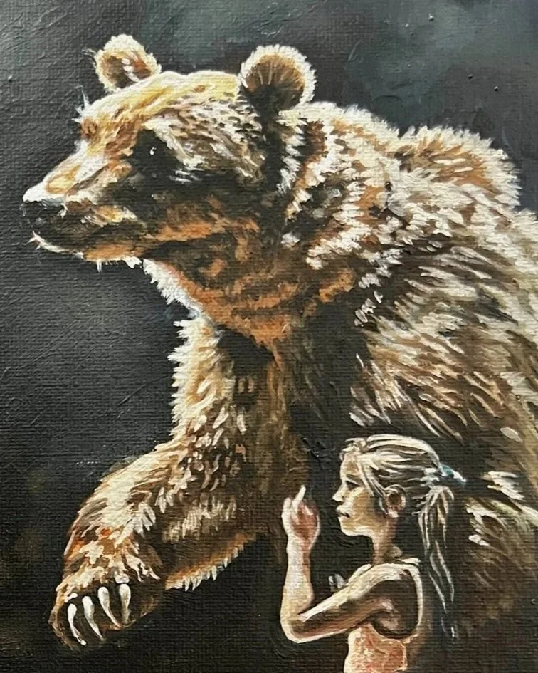 A painting of a young girl and a bear, with the girl standing in profile and the bear's head in the background.