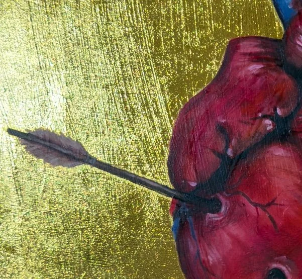 A red, anatomical-style heart with a black arrow piercing through it, set against a golden textured background.