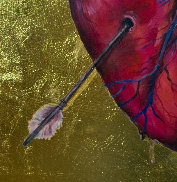 A painted heart with an arrow piercing through it, set against a golden textured background.