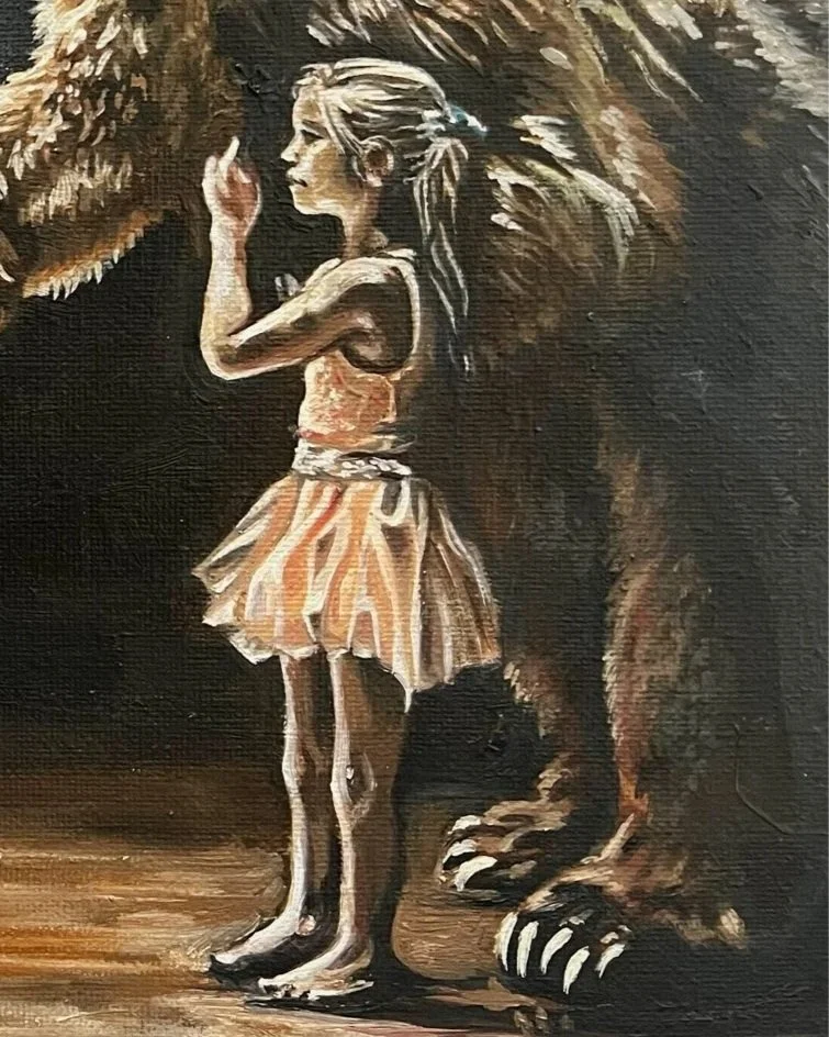 A painting of a girl with long hair in a ponytail and a striped skirt, standing next to a large tiger with its head lowered.