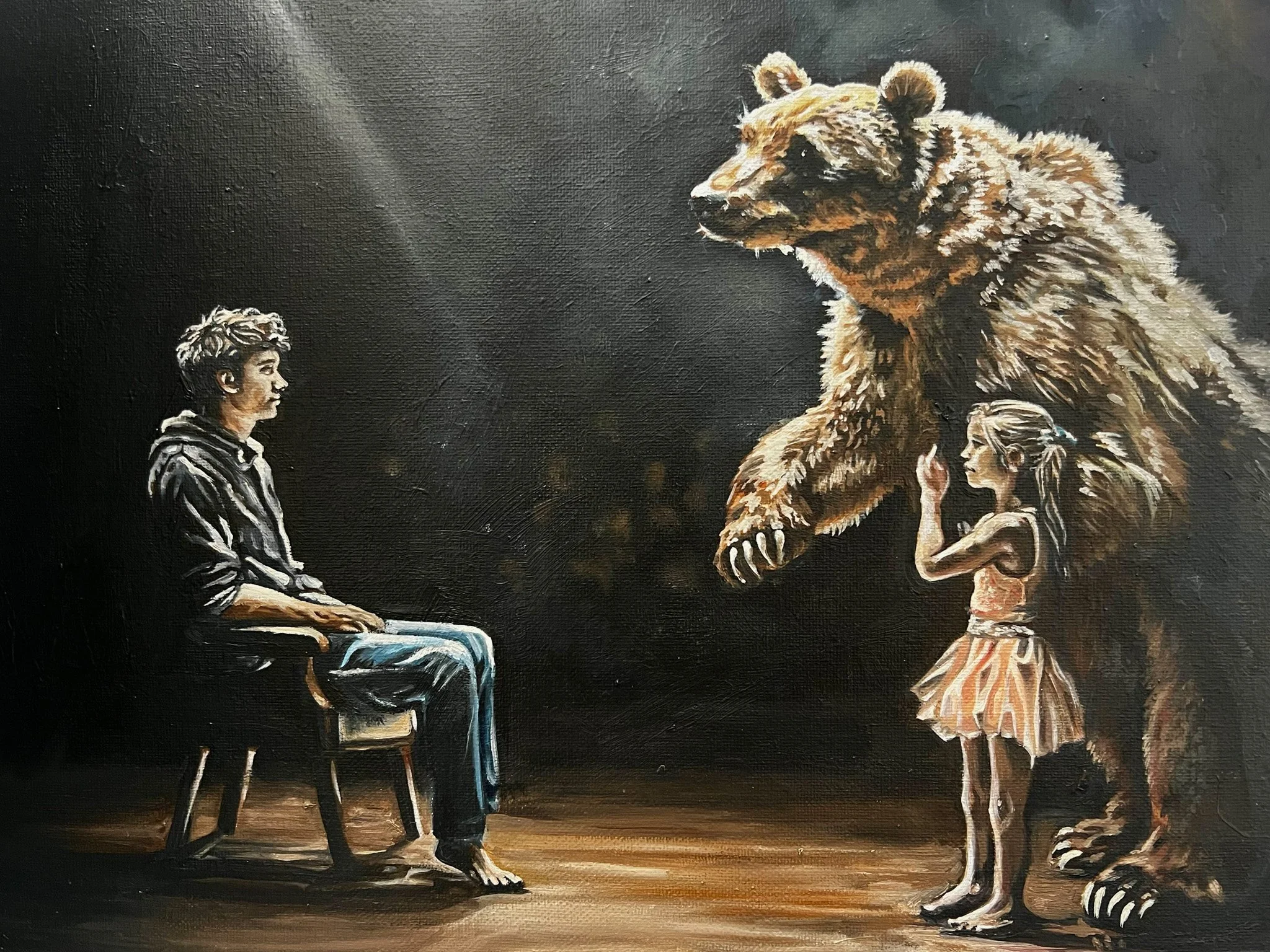 A painting depicting a young person sitting on a chair facing a large bear and a young girl standing on the floor near the bear, all set against a dark background.