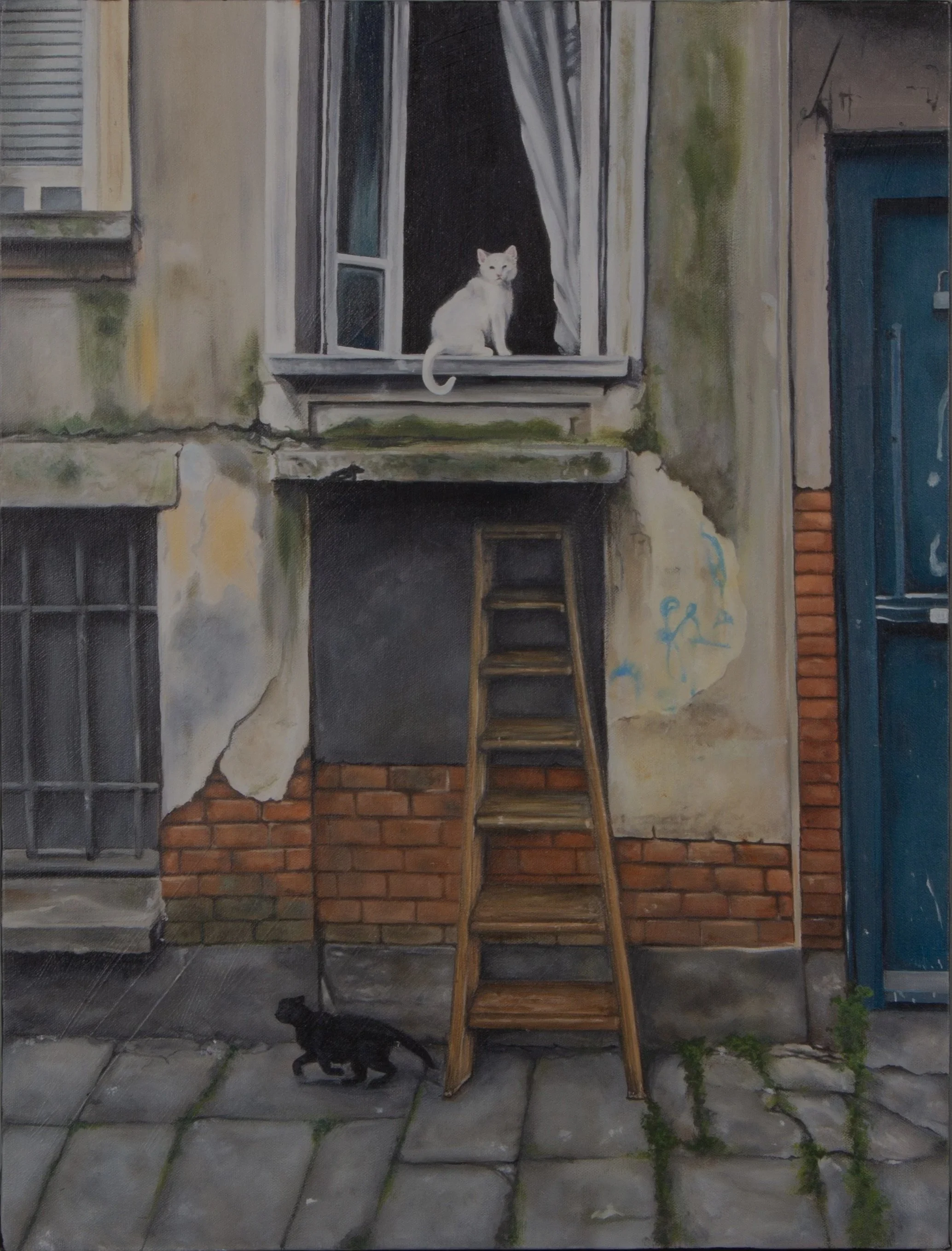 A painting of an urban scene with a weathered building, a wooden ladder leaning against the wall, a black cat walking on the sidewalk, and a white cat sitting on the windowsill.