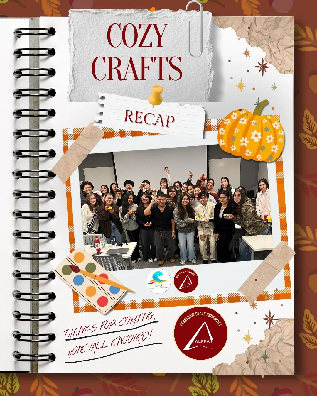 🌟Thank you to everyone who joined us for Cozy Crafts with OLAS &amp; ALPFA! We hope you all enjoyed painting pumpkins and sipping on some hot chocolate. Starting Fall off right! 🍂