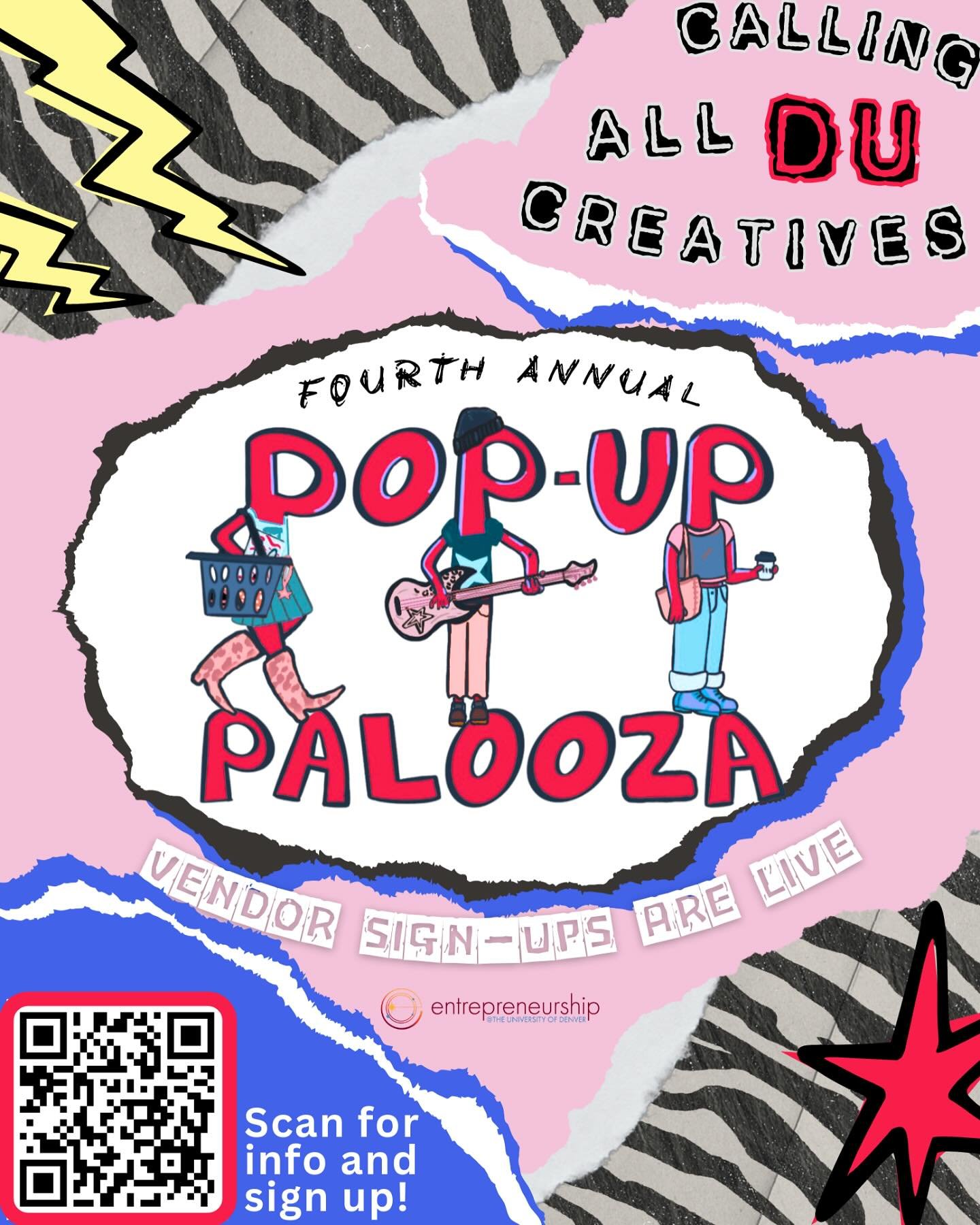Vendor sign-ups for Pop-Up Palooza 2025 are LIVE! 
 
Are you a creative, entrepreneur, or artist looking to share your brand, art, or business with the DU campus? Sign up to be a vendor at the Fourth Annual Pop-Up Palooza! 

Scan the QR code or click
