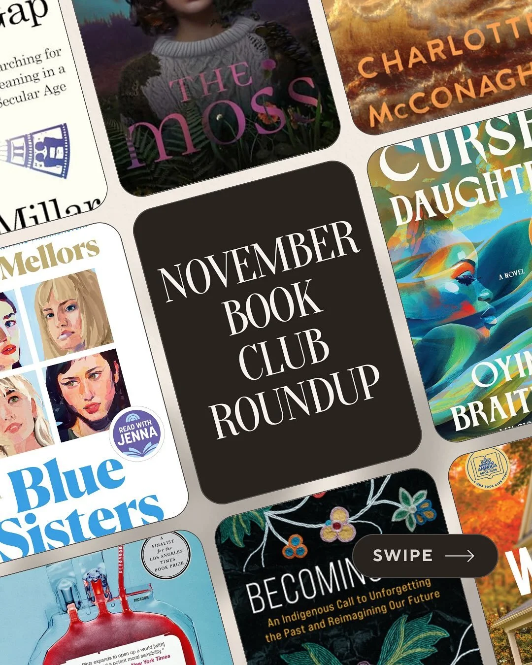 November Book Club Roundup is here! 📚✨
Swipe ➜ to see the buzziest picks from our shelves and the clubs we love&mdash;starting with our own.

⭐ Our pick: Rad Book Haus &mdash; Blue Sisters

Other November picks:
&bull; Reese &mdash; Wild Dark Shore
