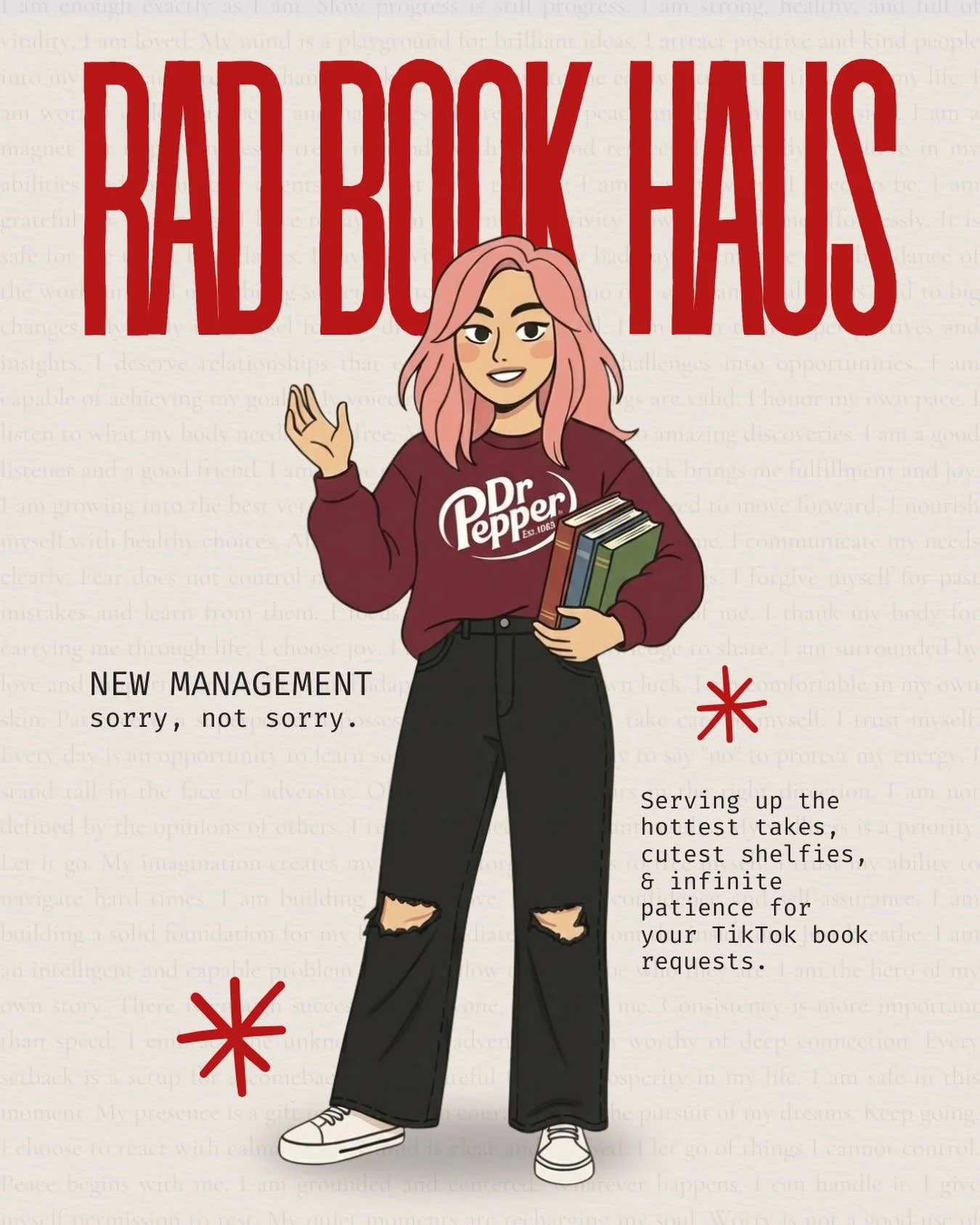 Um, excuse me? New management coming through. 💅🏼✨

Introducing the new, vastly improved face of Rad Book Haus! She&rsquo;s basically me, just with way better outfit coordination, zero under-eye bags, and infinite patience for people who ask for &ld