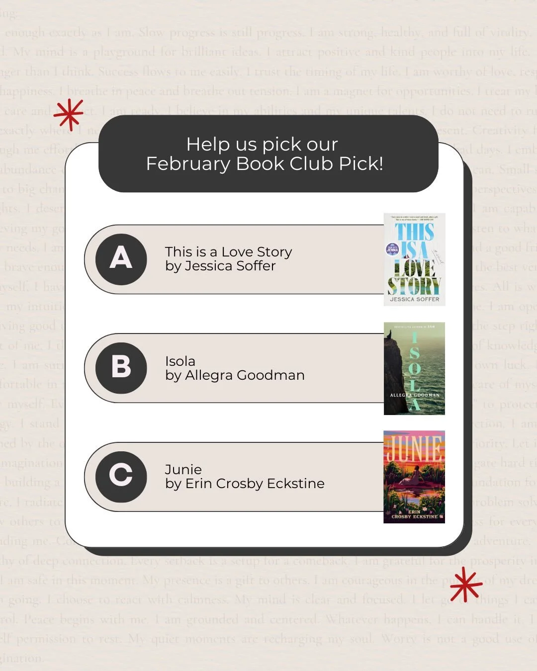 The books that got away. 🥀

Our 2nd Chance Book Club is all about circling back to the 5-star reads we missed last year while we were too busy reading enemies-to-lovers on repeat.

For February, we are choosing between three heavy hitters that featu