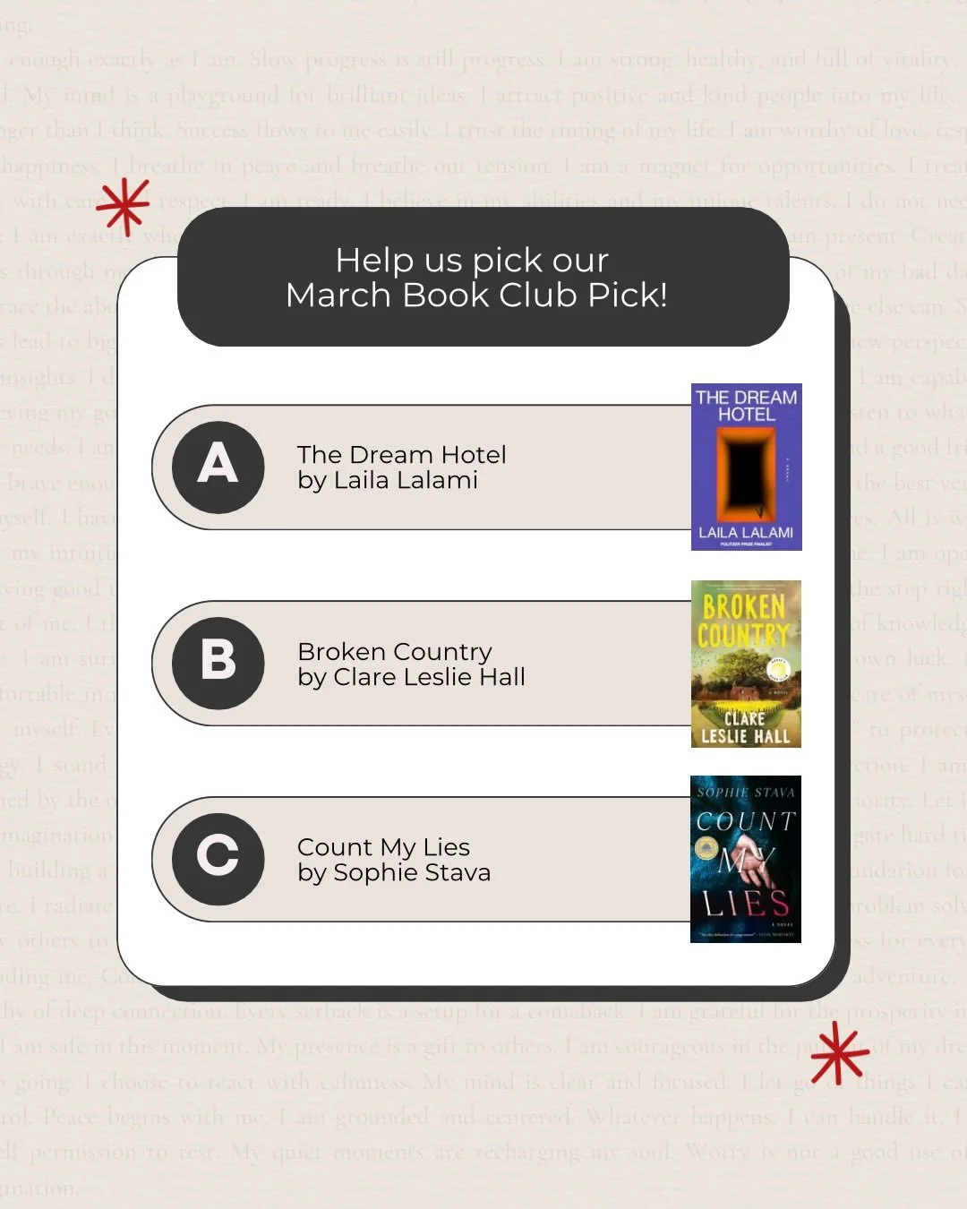 🗳️ Time to vote for our March pick! Drop your vote in the comments 👇🏼 I look forward to reading with you all and can&rsquo;t wait to see what we choose. I&rsquo;ll post our selection on Friday!