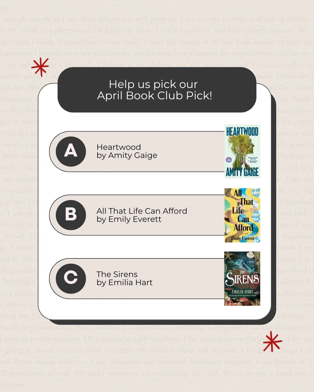 Spring is here, and it's time to choose our April read for the 2nd Chance Book Club! 🌱📚 We&rsquo;ve got three amazing contenders this month spanning mystery, romance, and fantasy.

Swipe through to check out the stats and synopses, then let your vo