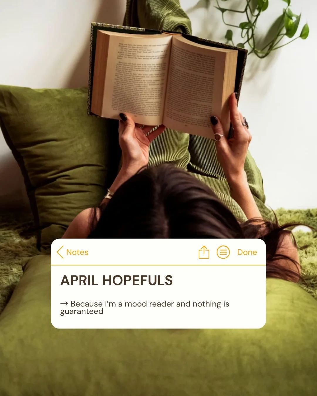 April Hopefuls 🌷

Trying to be more intentional with what I read this month &mdash; less random picks, more books I&rsquo;m actually excited about.

I&rsquo;m using a mix of my book bingo + a few prompts to guide me this time.

What&rsquo;s on your 