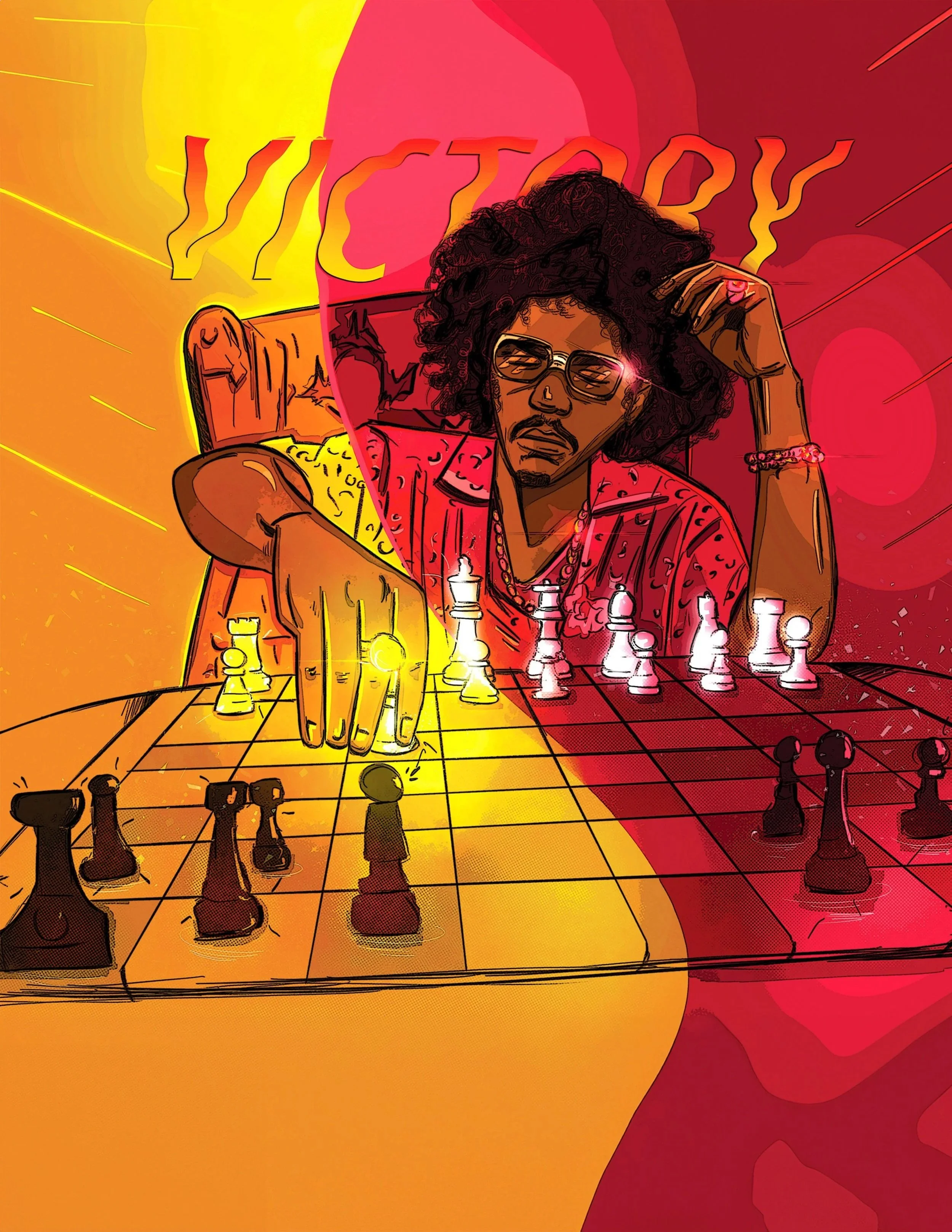 Stylized digital illustration of a person with curly hair and sunglasses playing chess, surrounded by vibrant red and yellow colors, with the word 'VICTORY' in the background.