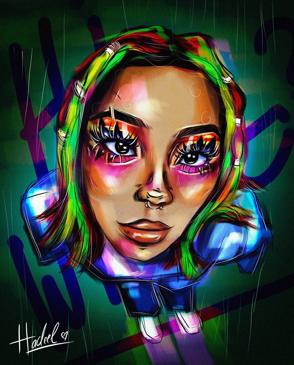 Digital artwork of a stylized woman's face with colorful features, including vibrant green and red hair, exaggerated large eyes with long eyelashes, and pink blush on cheeks, set against a dark green background with abstract shapes and signatures.
