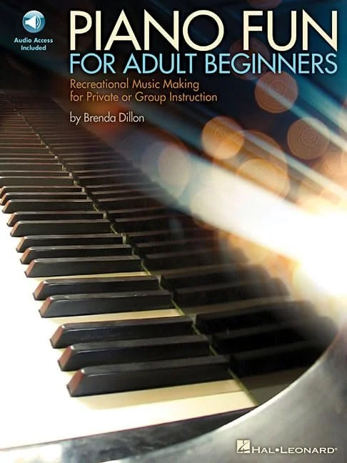 Book cover titled 'Piano Fun for Adult Beginners' with an image of piano keys and colorful light streaks. Contains text about recreational music making for private or group instruction, authored by Brenda Dillon, published by Hal Leonard.
