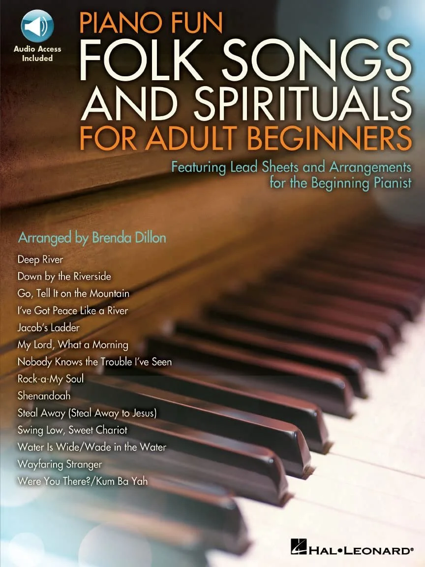 Book cover titled 'Piano Fun Folk Songs and Spirituals for Adult Beginners', featuring a close-up of a piano keyboard, with list of songs and arrangements included.