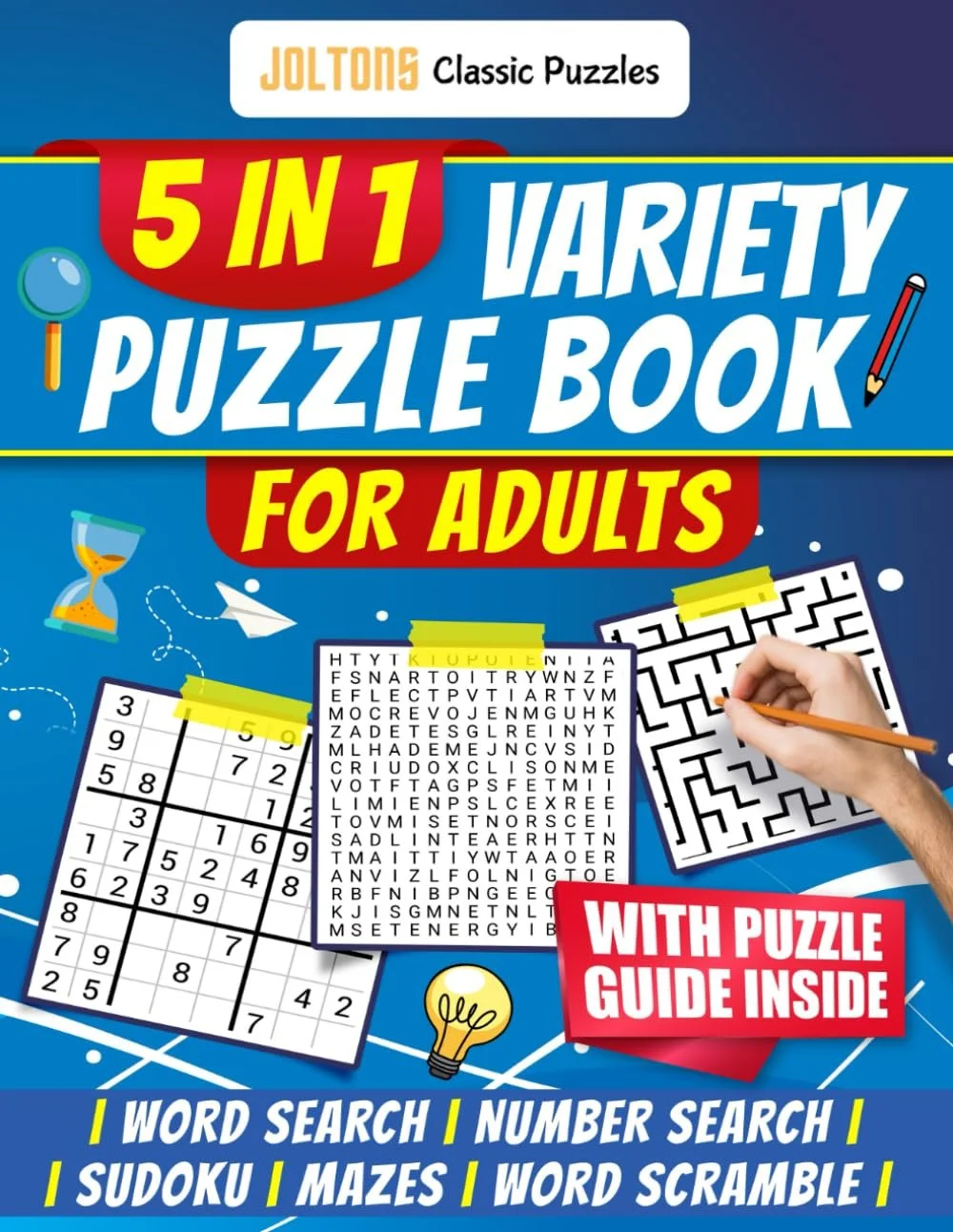 Cover of a puzzle book titled "5 in 1 Variety Puzzle Book for Adults" by Joltons. Features include word search, number search, Sudoku, mazes, and word scramble. The cover shows a maze, a word search, a lightbulb, and a hand holding a pencil.