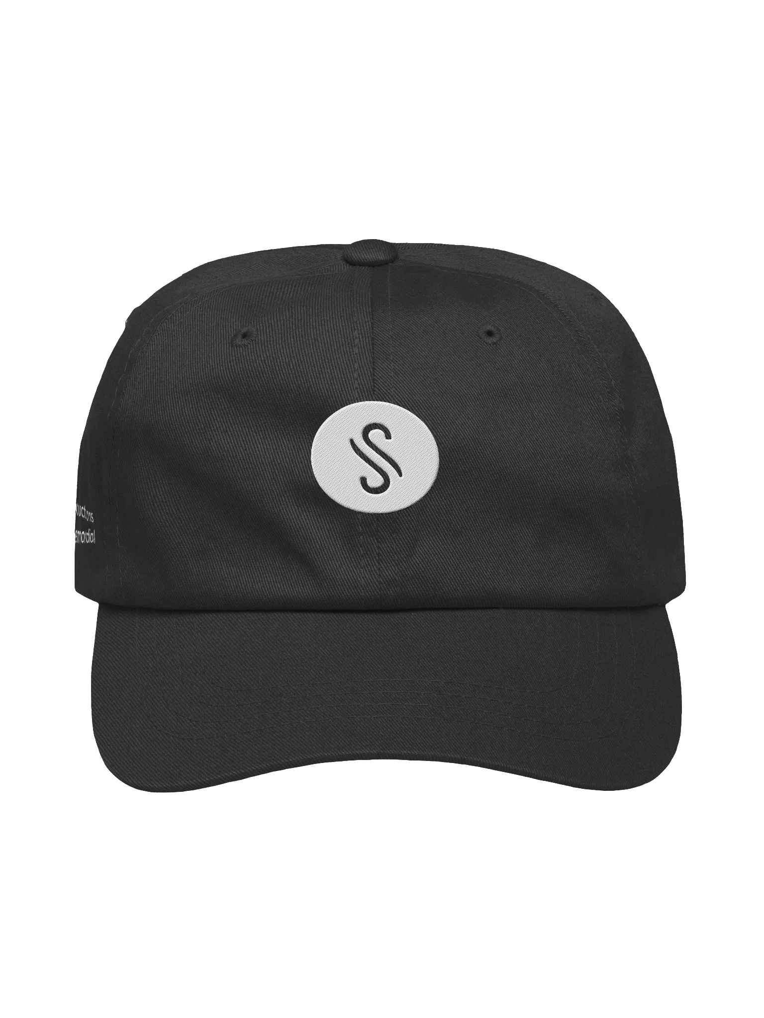 Black baseball cap with a white circular logo featuring a black stylized letter S on the front.