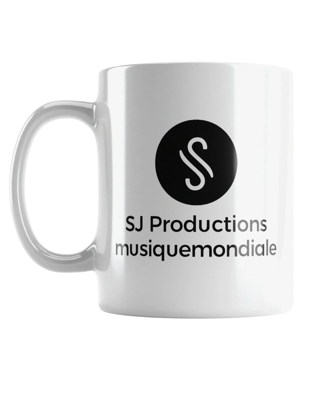 White coffee mug with black logo and text for SJ Productions musiquemondiale.