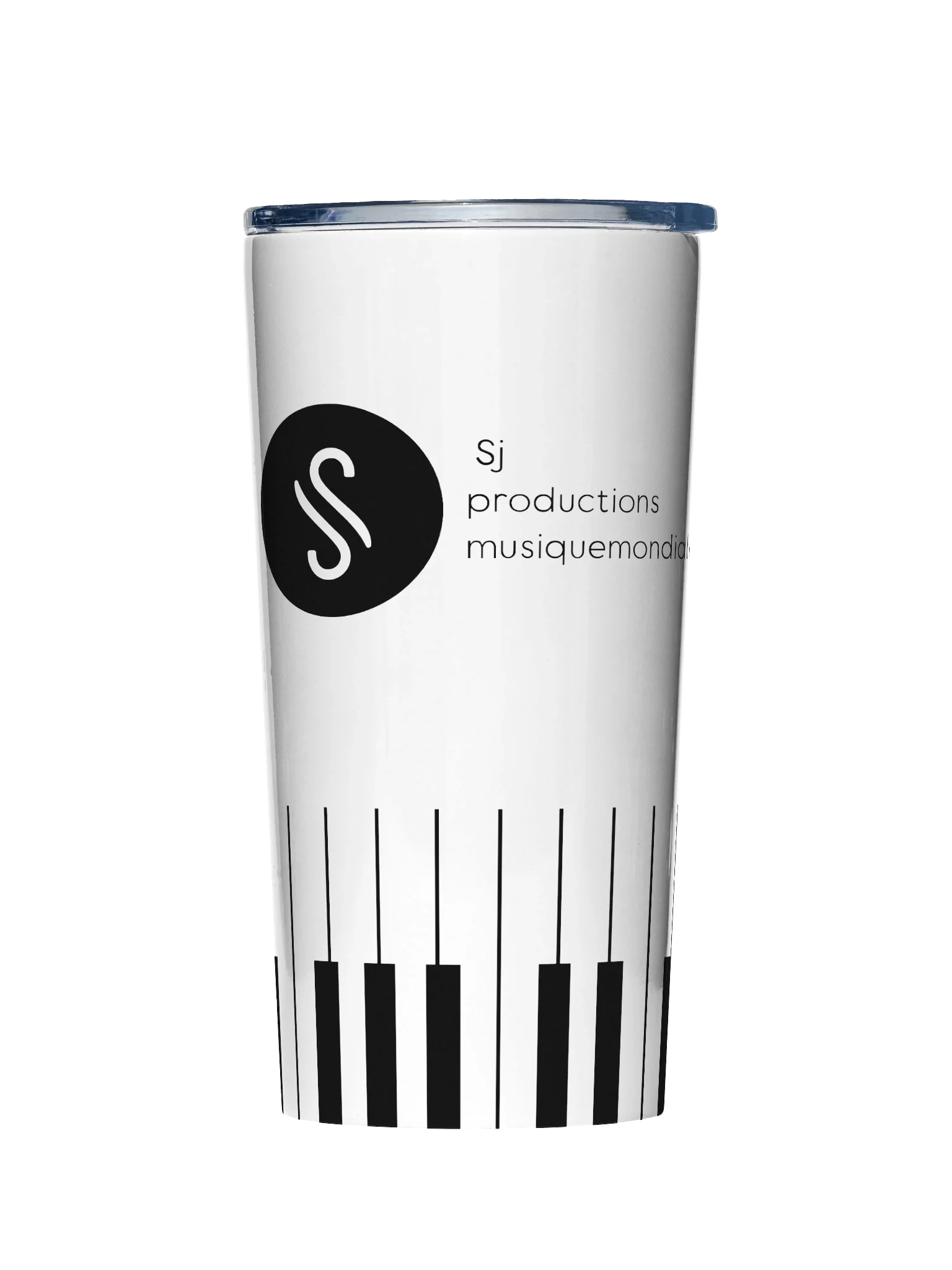 White travel tumbler with piano keys along the bottom and logo reading 'sj productions musiquemondial' on the side.
